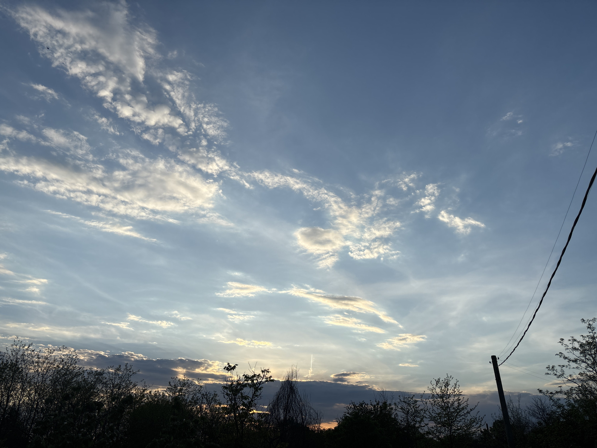The image depicts a view towards the sky, with trees in silhouette along the bottom edge. The sky is blue with streaky, layered clouds. A power line and pole are visible on the right side of the frame. The scene appears to be at dusk or dawn, with the sun obscured by lower clouds. It is not possible to confirm the location as Novo Zhelezare, Bulgaria, from the image alone.