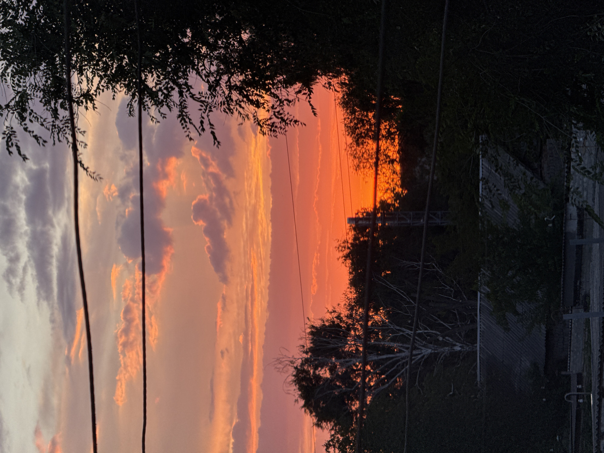 This is a vertical, medium shot, eye-level photograph of a sunset over a village. The sky is filled with a vivid orange and pink gradient, with scattered grey and pink clouds. Silhouetted against the colorful sky are the dark shapes of trees and power lines. In the foreground, the dark shapes of houses and more trees are visible. The overall mood of the image is peaceful and serene. The location is Unknown, Unknown.