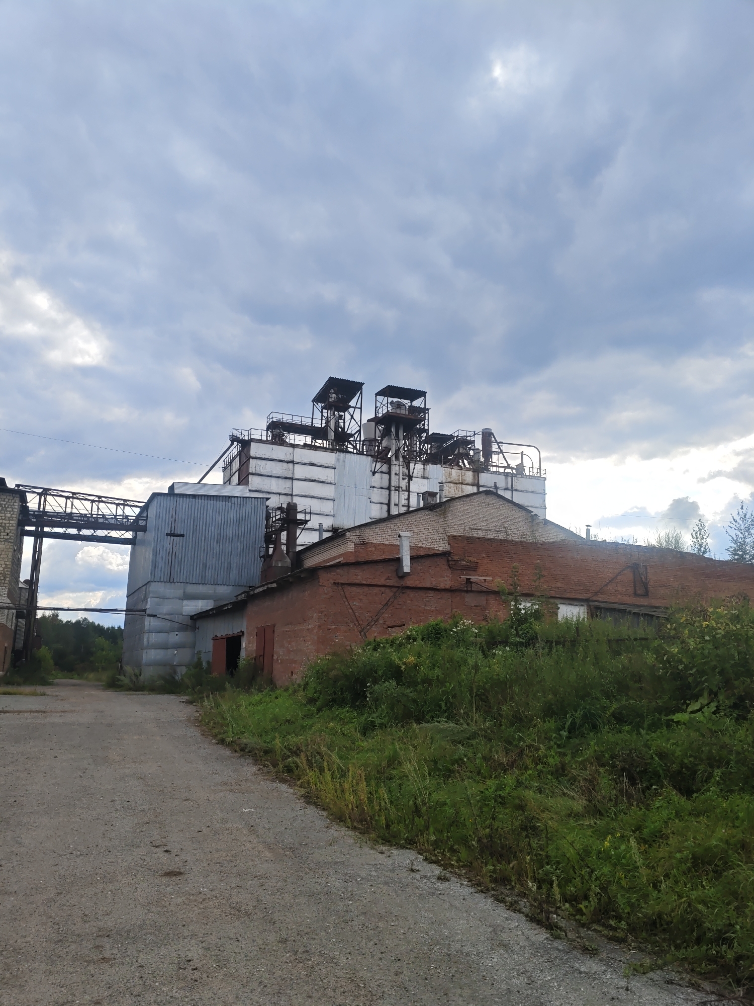 An outdoor, eye-level, full shot depicts a weather-worn industrial complex under a cloudy sky. The main structures are a large, tall, white, metal building with several levels of external metal frameworks and machinery, and a lower, adjacent building constructed from red brick. A metal conveyor system connects parts of the complex. In front of the buildings, a gravelly, unpaved road leads towards the complex. Overgrown green grass and vegetation line the right side of the road and surround the base of the buildings. The sky is filled with heavy, grey clouds, with some patches of brighter sky visible. The scene appears to be located in a rural or semi-industrial area, possibly the city of Platonoshino, Russia, given the context. There are no people visible in the image. The overall impression is one of disuse or abandonment.