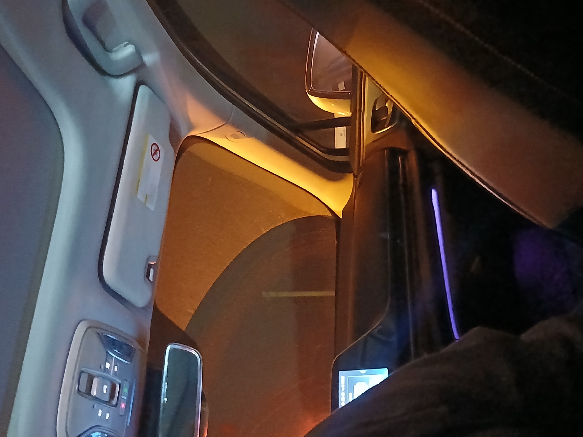 The image displays the interior of a modern vehicle, observed from within the passenger compartment at night or in low-light conditions. The location is Unknown, Unknown. A partial view of an occupant's arm or shoulder is visible on the left side of the frame. The overhead console, featuring multiple illuminated control buttons with red and green indicators, is centered at the top, positioned above the interior rearview mirror. The passenger-side sun visor is raised, displaying a warning label. The dashboard is dark, showcasing a brightly illuminated light blue touchscreen display on the left. A distinct purple LED strip of ambient lighting extends horizontally across the lower dashboard or door panel, complemented by a softer purple glow nearer the floor. The exterior, viewed through the windshield and passenger side window, is dimly lit by an orange-yellow light source, revealing a faint vertical pole-like structure and reflections of an unidentified object in the side mirror area. Dark upholstery with stitching is visible on the right, consistent with a vehicle seat. No specific actions or direct interactions between individuals are discernible.