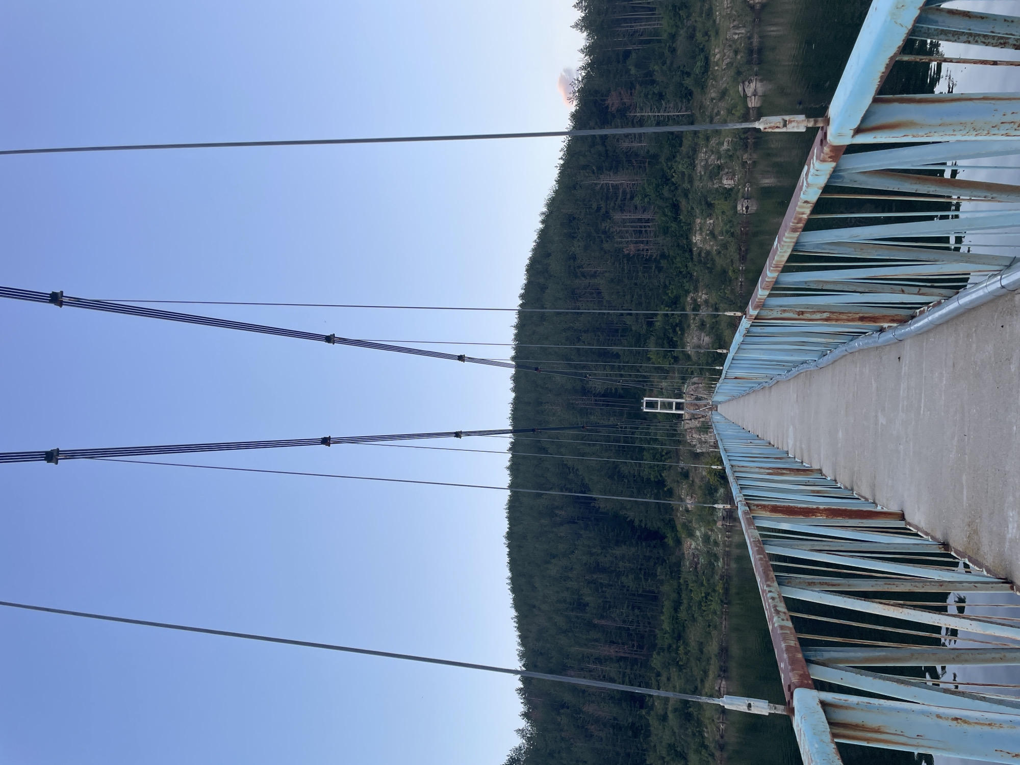A perspective shot looking down a pedestrian suspension bridge over a body of water. The bridge has light blue railings with visible rust streaks. The walkway is made of concrete. In the background, a dense, dark green forest covers a hillside under a clear blue sky. The bridge appears to be in a natural, rural setting, possibly near the city of Sujovo, Bulgaria.