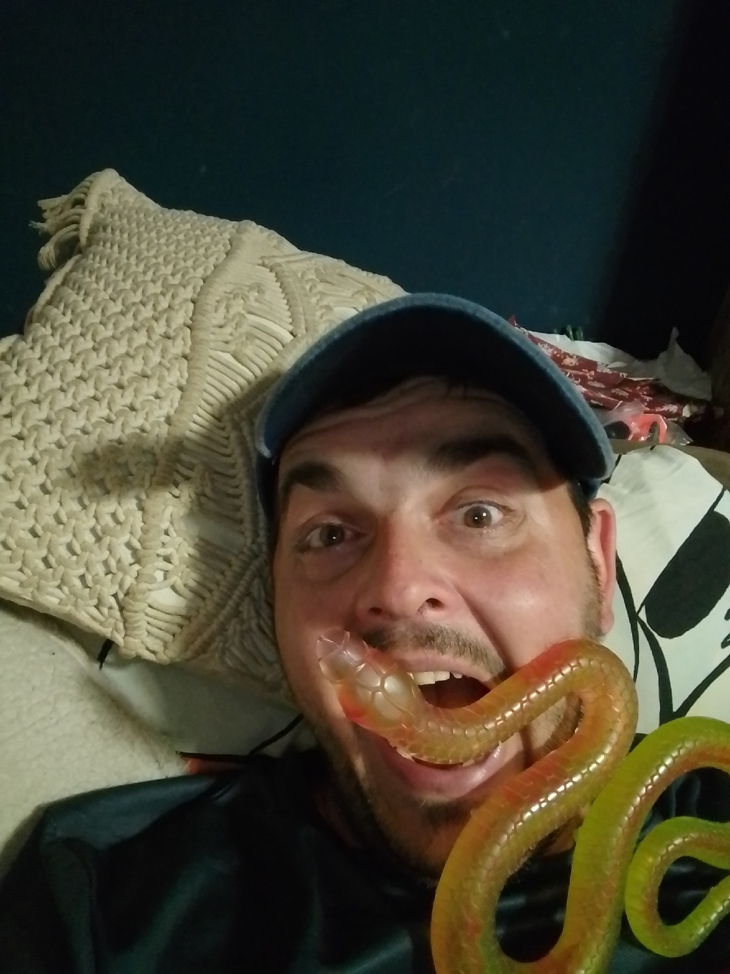 A man with a blue baseball cap is lying down with his head on a textured cushion. He is biting down on a translucent, segmented, snake-shaped toy that is predominantly yellow and green with red accents. The man's eyes are wide open, and his mouth is agape around the toy. He is wearing a dark-colored shirt. The background is dark, with some patterned fabric visible behind him. The image appears to be a selfie taken in a domestic setting. There is no information to suggest a specific location in Wedel, Germany.