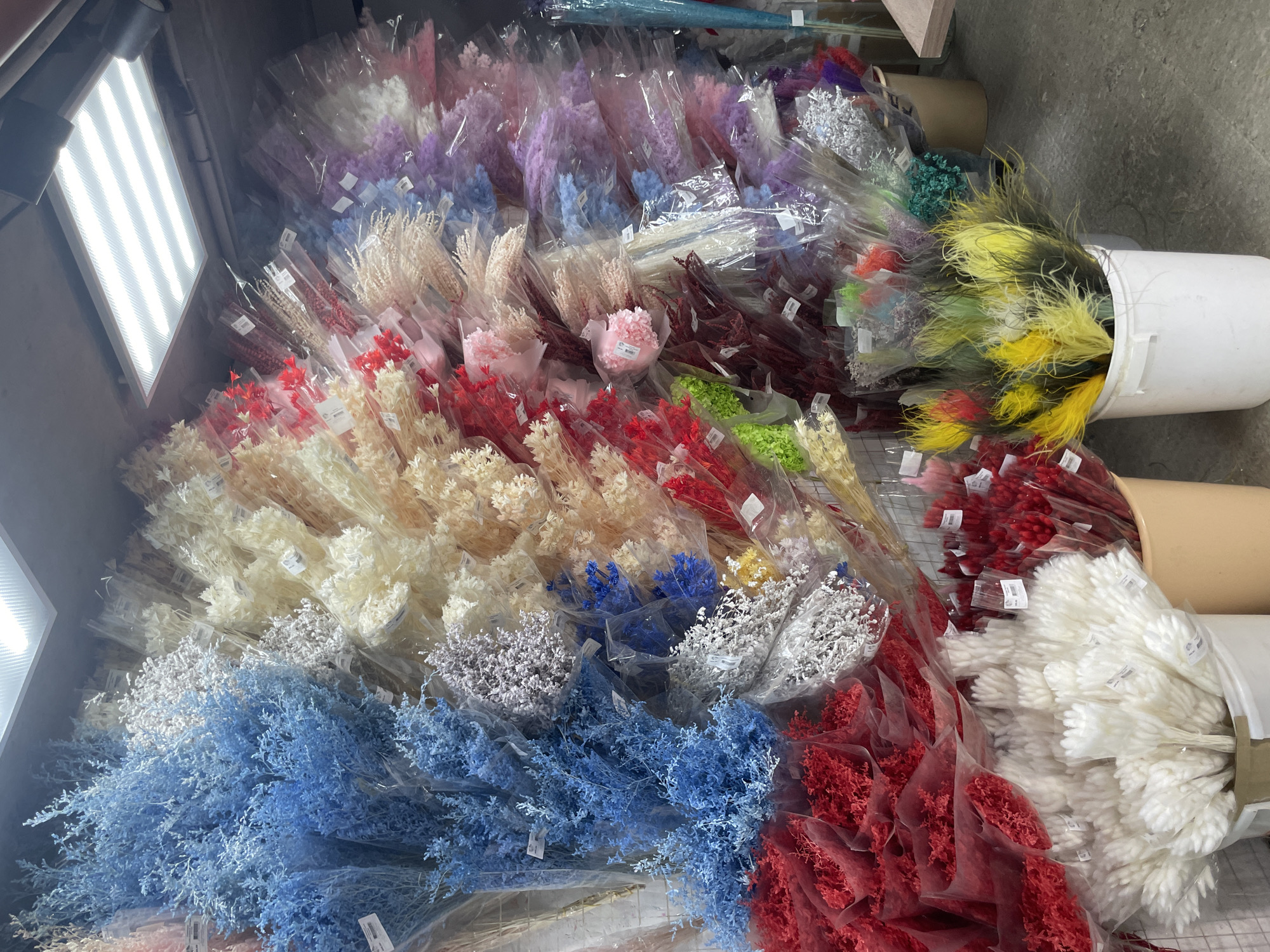 The image shows a large assortment of colorful dried flowers, seemingly in a retail or wholesale setting. The flowers are bundled and wrapped in clear plastic, displaying a variety of colors including blue, red, white, yellow, green, pink, purple, and beige. They are densely packed, suggesting a storage or display area. Some of the flower bundles are arranged in buckets. The location appears to be indoors with a fluorescent light providing illumination on the left side of the frame.