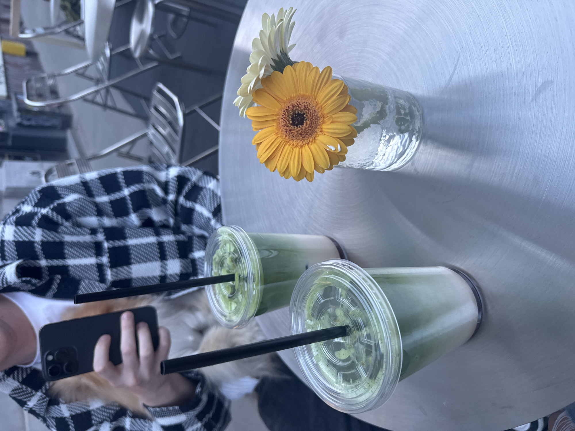 The image shows a person sitting at a round, metallic table, holding a black smartphone with three visible camera lenses. The person is wearing a black and white checkered flannel shirt over a white t-shirt. Two clear plastic cups filled with a green beverage are on the table, each with a black straw. A clear glass vase containing two Gerbera daisies, one yellow and one white, is also on the table. The background includes a metallic structure possibly from the table and a glimpse of the surrounding environment. The image does not contain enough data to confirm its location in Warsaw, Poland.