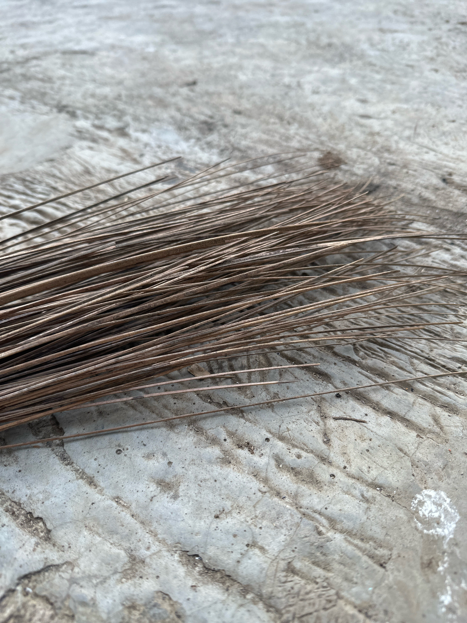 A close-up, overhead shot shows a collection of dry, brown coconut fronds lying on a grey, textured surface, possibly concrete. The fronds are fanned out, with their slender, straw-like stems spread across the lower half of the image. The surface beneath them is rough and uneven, with visible cracks and darker, speckled areas suggesting dirt or debris. The lighting is neutral, casting no strong shadows, and the focus is sharp on the fronds in the foreground, with the background surface softly blurred. There are no people or specific actions depicted. The scene is static and appears to be an outdoor setting in Margamulya, Indonesia.