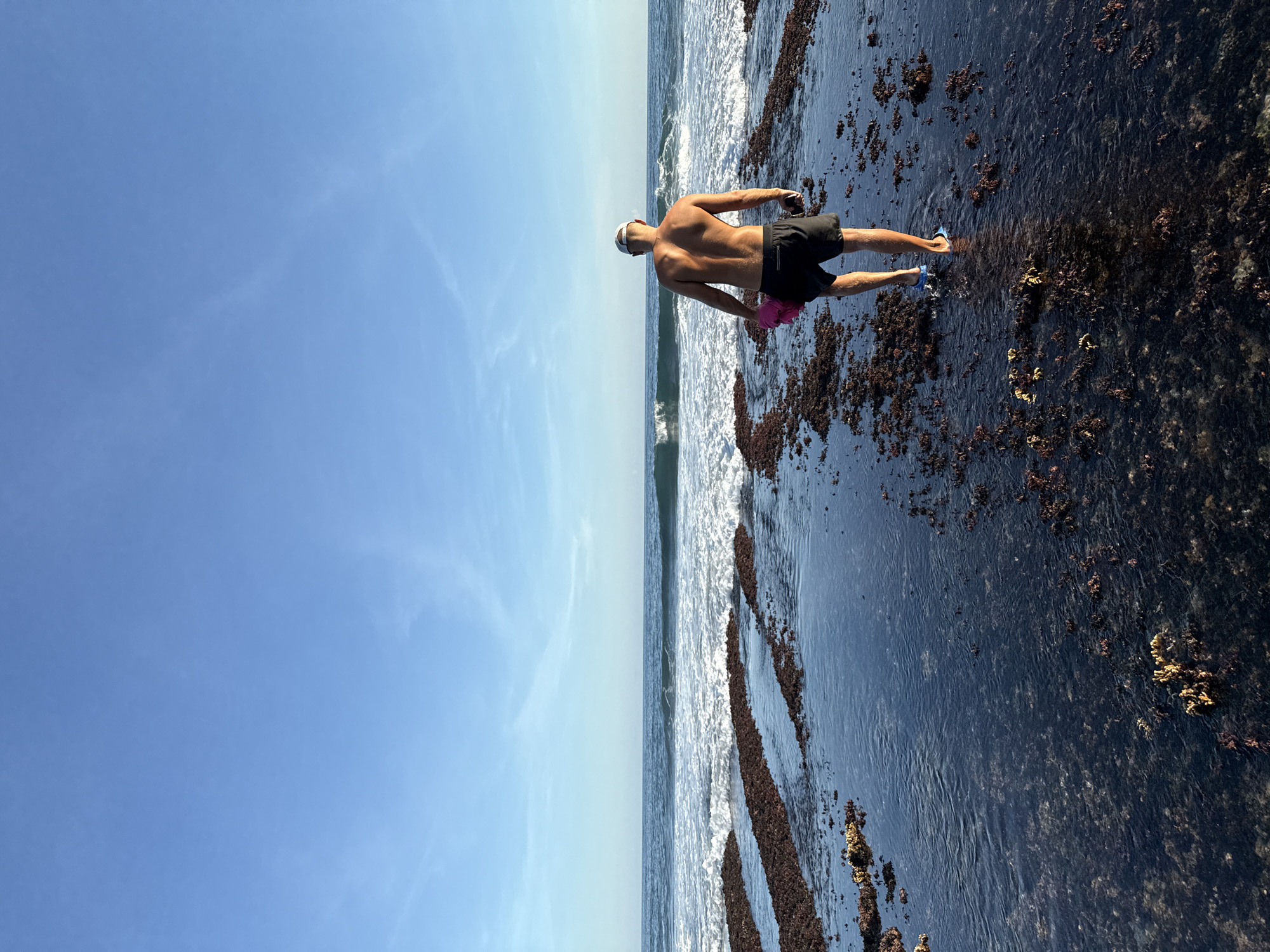 The image displays a man standing on a rocky ocean shore, facing away from the viewer and looking out towards the sea. He is shirtless, wearing dark swim shorts, a light-colored cap, and blue flip-flops. In his left hand, he holds a vibrant pink object, possibly a small bag or towel.
The setting is a sunlit coastline with a clear blue sky, hinting at mid-morning or early afternoon. The foreground and midground feature dark, rugged rock formations covered in what appears to be seaweed or algae, creating a natural, uneven texture. The ocean water flows over these rocks, revealing patches of submerged dark reef. Further out, gentle white-capped waves can be seen rolling in. The sky is largely cloudless, with only a few faint, wispy cirrus clouds visible.
The scene evokes a sense of tranquility and observation, as the man stands at the interface of the land and the vast ocean. There are no other people or distinct objects in the immediate vicinity. This coastal landscape is located in Kuta Selatan, Indonesia. No visible text is present in the image.