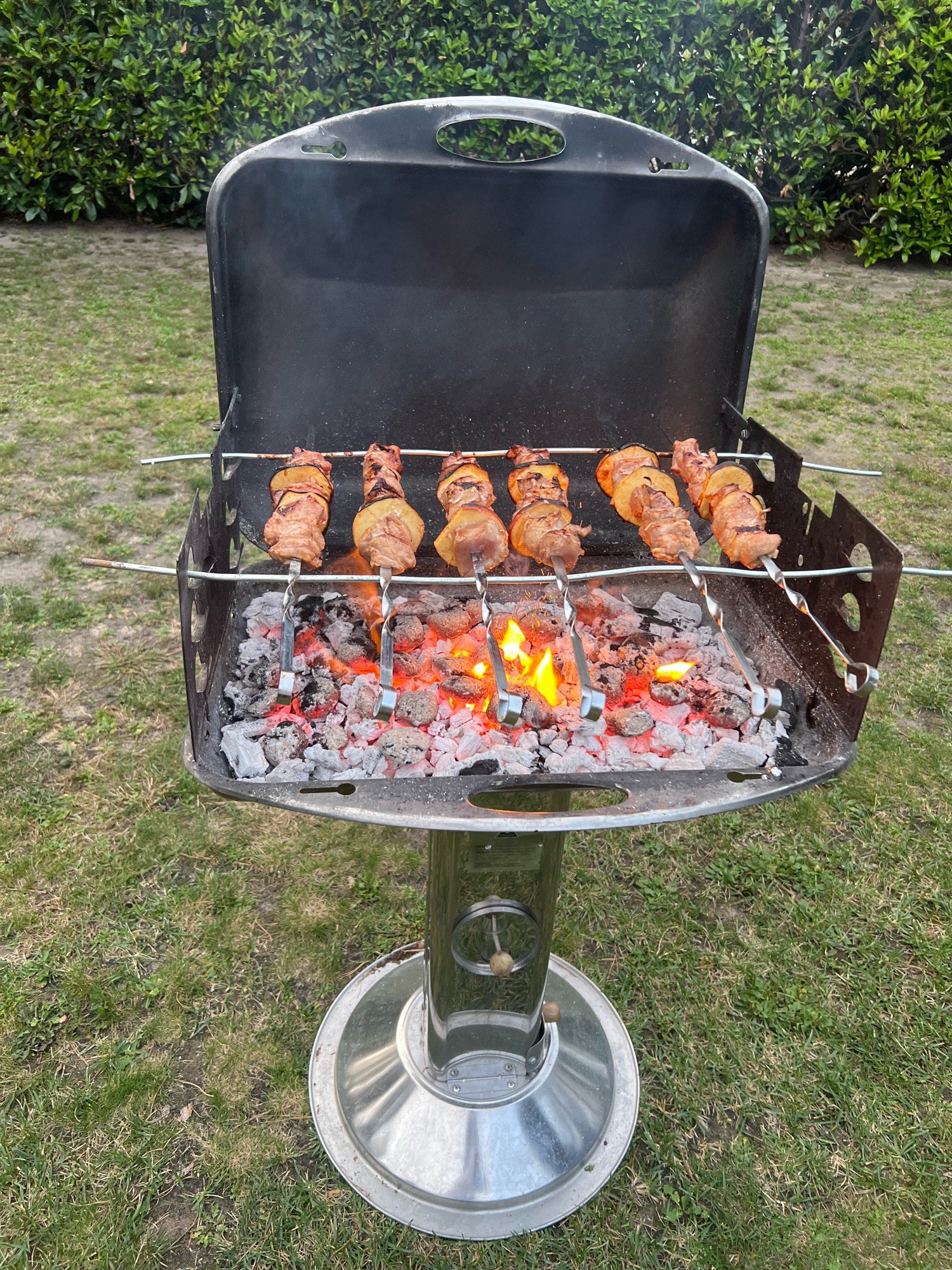 In Fichtenwalde, Germany, a metal charcoal grill, with its lid open, sits outdoors on a green lawn. The grill contains glowing red coals with visible flames, indicating active cooking. Six metal skewers, each threaded with pieces of meat and what appear to be sliced vegetables, are positioned horizontally over the heat. The skewers are suspended by the grill's grate. The surrounding environment includes a dense, green hedge in the background and more grass in the foreground. The scene captures a moment of outdoor grilling.