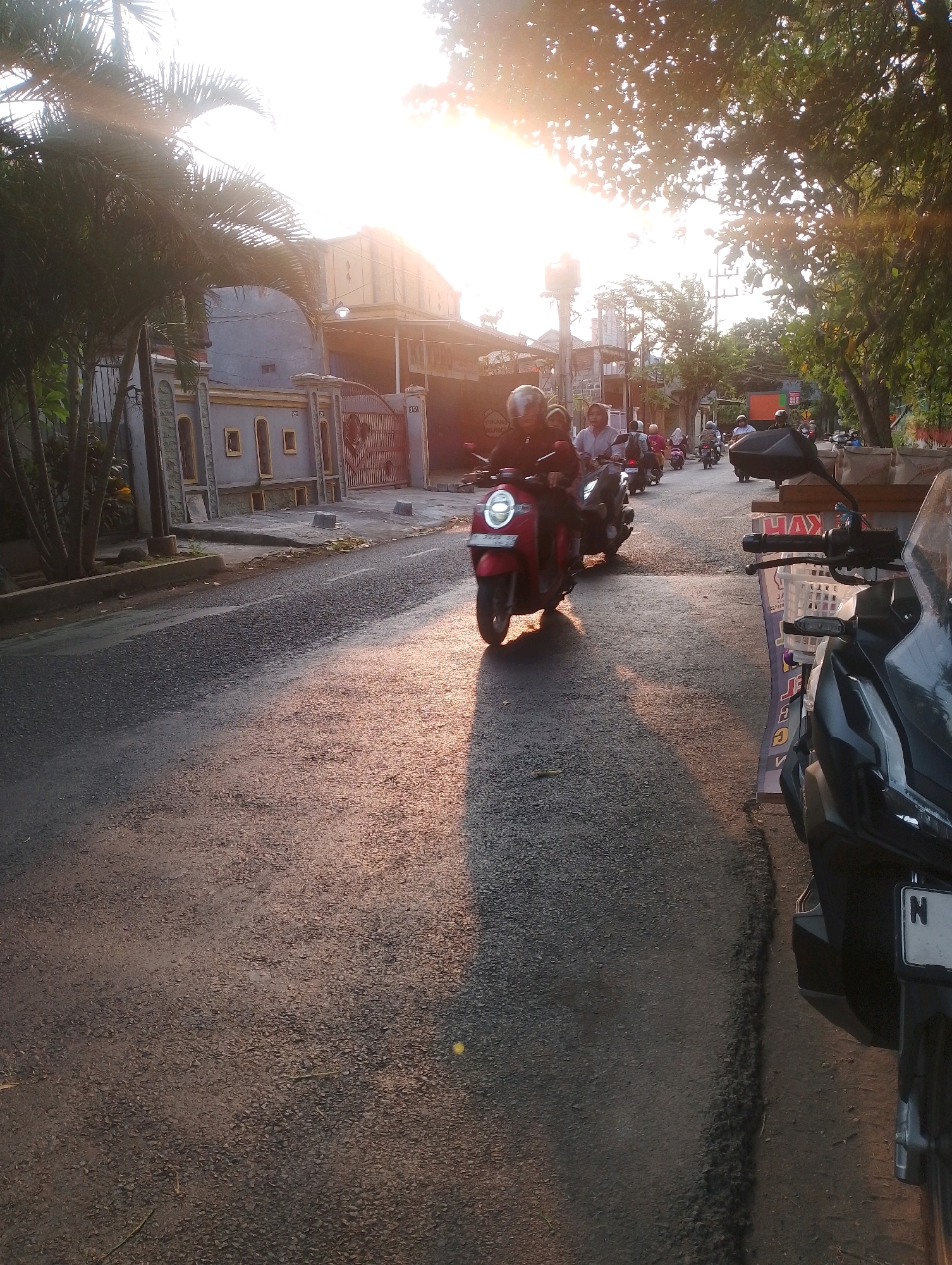 This image depicts a street scene in Probolinggo, Indonesia, bathed in the warm, low light of what appears to be late afternoon or early morning. The sun's glare is prominent in the upper portion of the image, casting long shadows and creating lens flare effects.
The street itself is paved with asphalt, showing some wear and tear. On the left side of the street, a residential building with a grey facade and decorative windows is visible, bordered by a gate with ornate metalwork. Palm trees and other foliage are present, framing the houses and the street.
Several motorbikes are in motion on the street. In the foreground on the left, a red motorbike with a rider wearing a helmet is the most prominent. Further down the street, other motorbikes are seen carrying passengers, with riders and pillions also wearing helmets. The general atmosphere suggests a typical day with local transportation on the road.
On the right side of the street, a dark-colored motorbike is parked, with its front section and handlebars visible. Next to it, a vertical sign with some text, partially obscured, stands near the parked motorbike. The overall environment indicates a suburban or urban residential area.