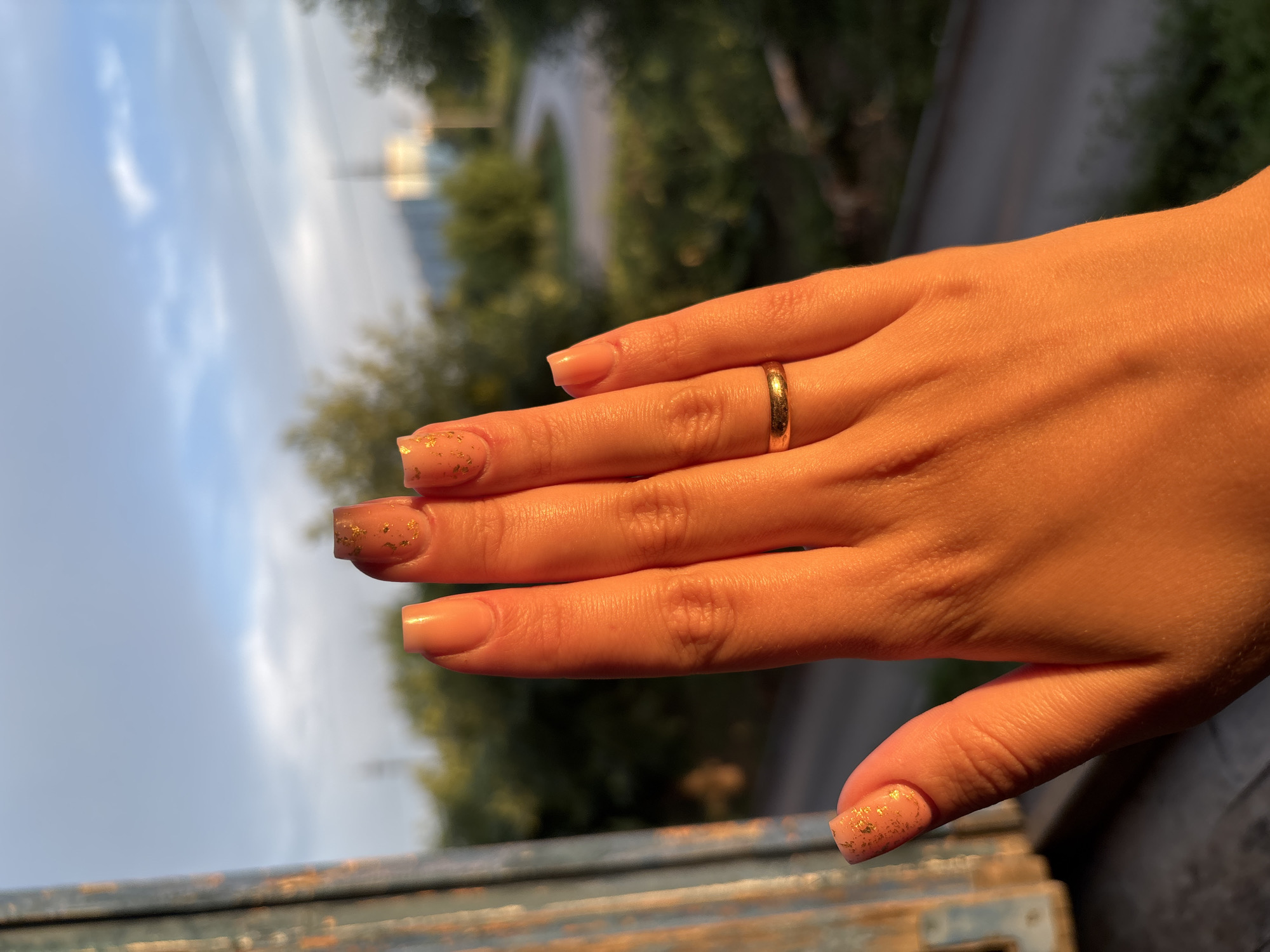 A close-up, horizontal shot captures a right hand with light skin tone, adorned with a gold ring on the ring finger and squared-off, light peach-colored fingernails with gold flakes. The hand is positioned in front of a blurred background of greenery, a road, and a sky with scattered clouds, illuminated by warm, golden hour sunlight. The scene is likely outdoors in a semi-rural or suburban area. The presence of trees, a road, and utility poles suggests a location within or on the outskirts of a city, possibly Inskoy, Russia, given the user's prompt. The overall impression is one of a serene, golden-lit moment.