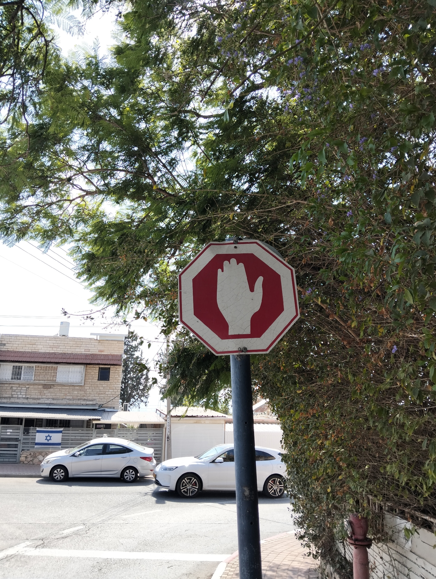 A stop sign with a white hand silhouette on a red octagon is visible, partially obscured by green foliage. The sign is mounted on a dark pole. In the background, a two-story brick building with white window frames and a tiled roof is present. A gate with an Israeli flag is attached to the fence in front of the building. Two silver cars are parked on a paved street. The scene is set in Kiryat Ata, Israel.