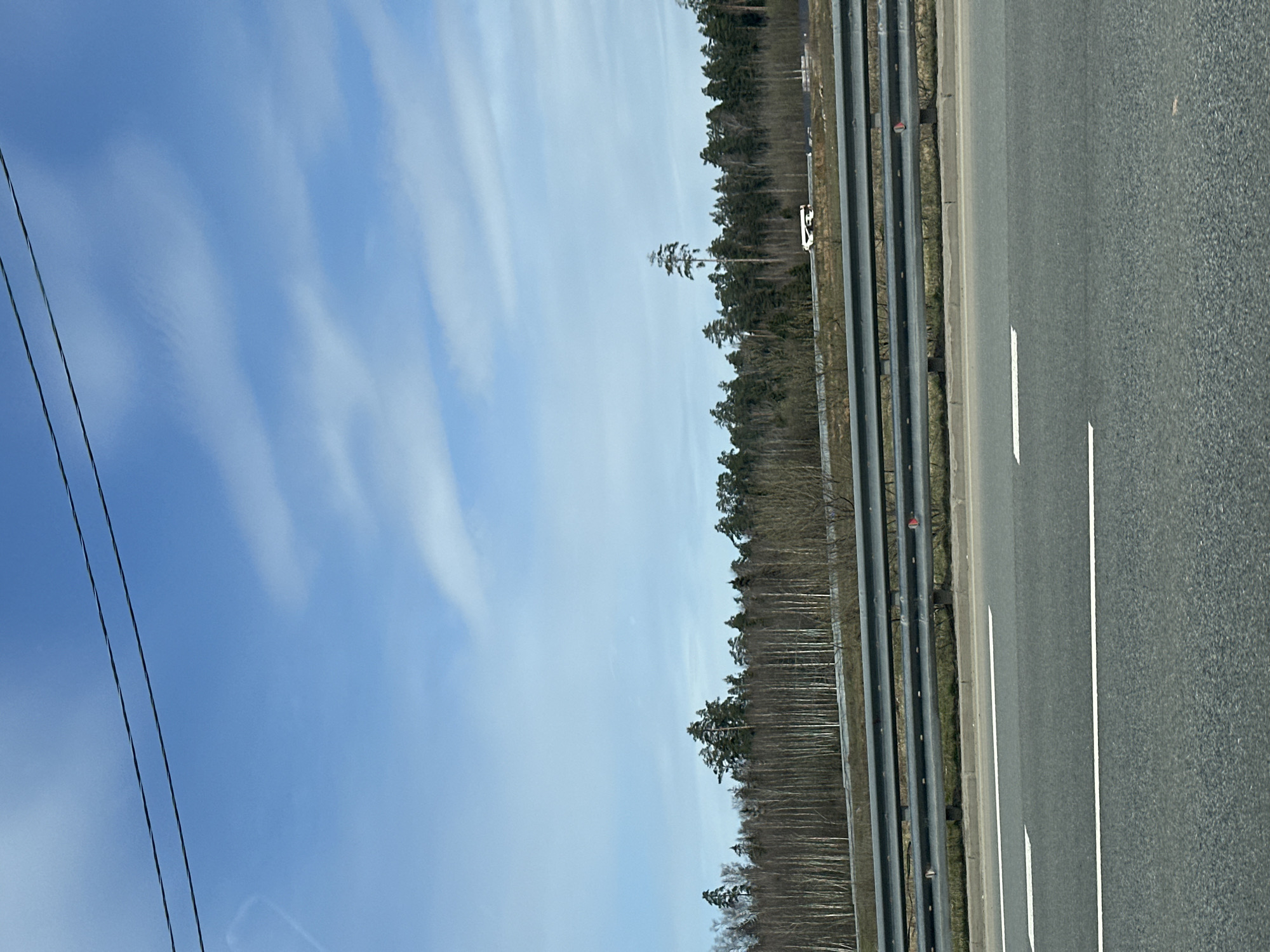 A daytime photograph captures a view from a vehicle traveling alongside a highway. The image, if rotated 90 degrees counter-clockwise, shows an asphalt road in the foreground at the bottom right, featuring clear white dashed lane markings. Parallel to the road are multiple metal guardrails, separating the highway from a natural environment.
Beyond the guardrails lies a dense forest, stretching across the middle ground. The forest consists of a mix of coniferous trees, which are dark green, and deciduous trees, many of which appear bare or with very sparse foliage, suggesting late winter or early spring. A single prominent, taller conifer stands out against the forest line. In the distance, within the trees near the guardrail, a small white object or structure is faintly visible, though its details are indistinct.
The upper portion and left side of the image are dominated by a clear, bright blue sky, adorned with soft, wispy white clouds arranged in streaks. Two dark, thin power lines or cables diagonally cross the upper-left corner of the sky. No people, animals, or legible text are visible in the scene. The overall impression is one of a vast, open landscape along a transportation route in the Ryabinushka region of Russia.