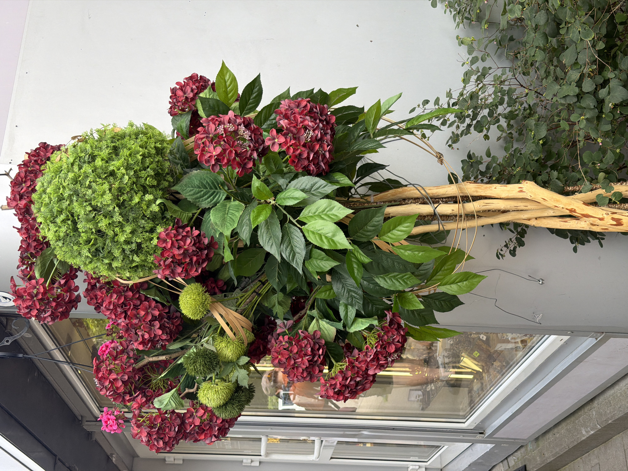 An artificial floral arrangement, featuring deep red hydrangea-like blooms and green spiky spheres, is displayed outdoors in front of a store in Svetlogorsk, Russia. The arrangement is suspended by a black hook from an overhang. The store has a large window showcasing merchandise, and a person is visible reflected in the glass. The arrangement is supported by light brown, woody stems. To the right of the arrangement, a dense green bush with small pink flowers is visible, growing against a light gray wall. The ground in front of the store is paved with grey concrete slabs and a concrete curb.