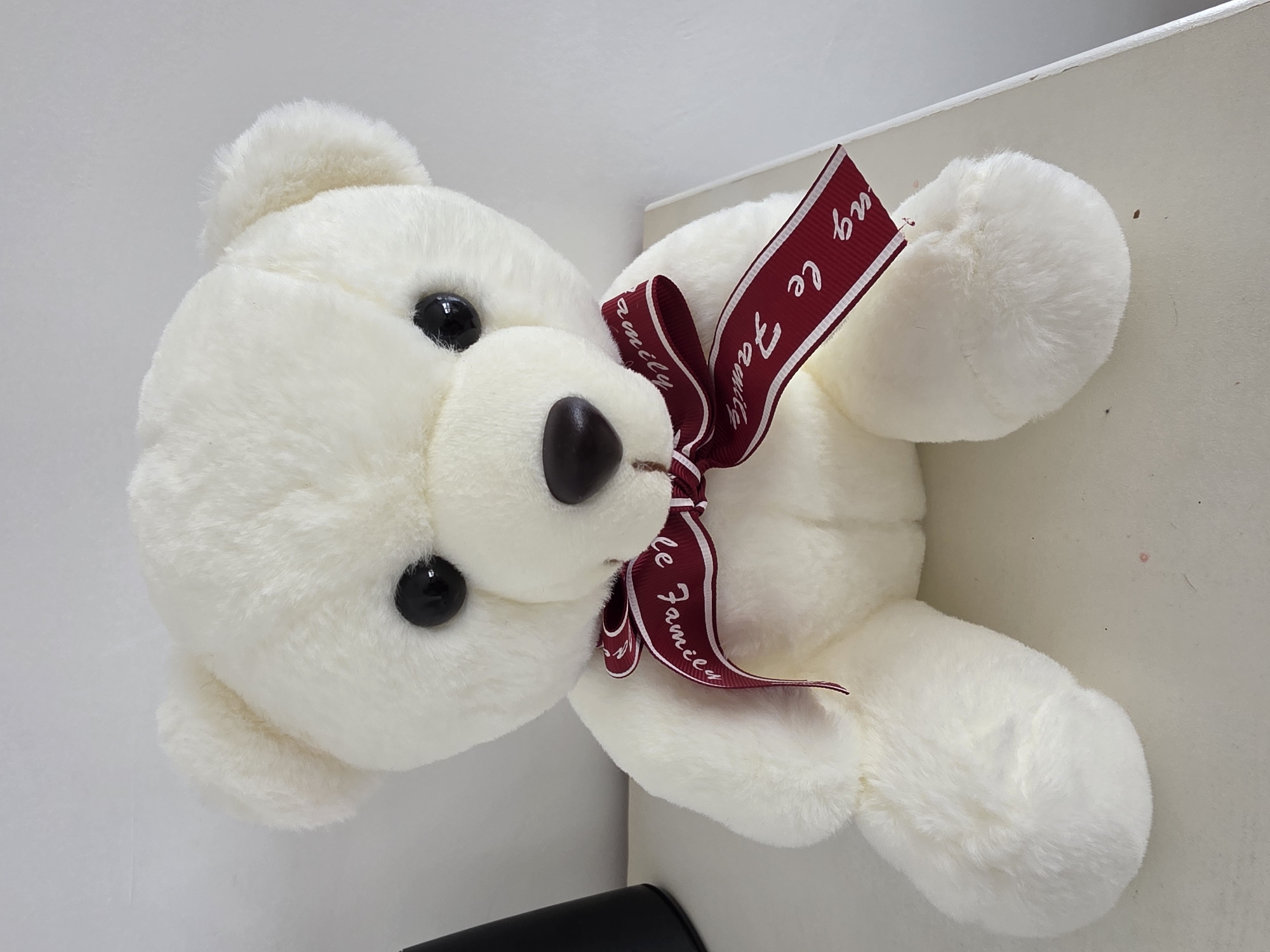 A white teddy bear with a dark brown nose and black eyes sits upright, positioned against a white surface. The bear has a red ribbon tied around its neck. The location appears to be indoors, but the context of Bat Yam, Israel is unsupported.