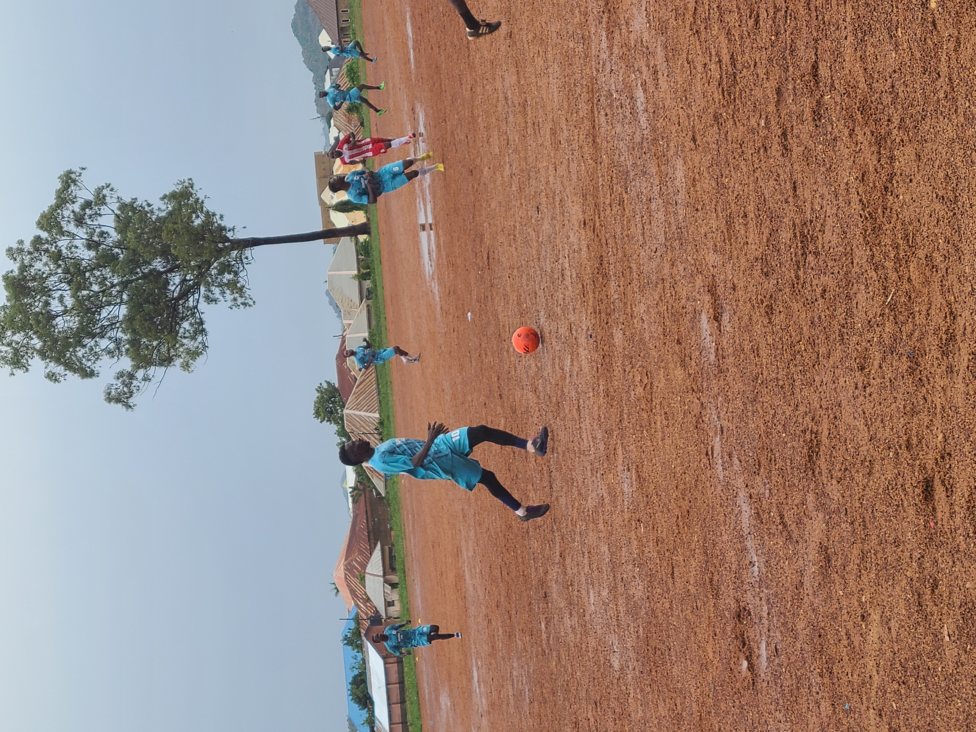 This image captures an outdoor football (soccer) game or training session in progress on a reddish-brown dirt field. The photograph, presented vertically, shows a lively scene with multiple players and an orange football.
In the foreground, a player wearing a light blue/teal jersey with the number "10" (partially visible), dark shorts, and black leggings is positioned as if actively participating in the game. An orange football is visible on the ground to their right.
Further into the frame, several other players are scattered across the field. Most are dressed in light blue/teal kits, similar to the foreground player, but one individual stands out in a red and white striped jersey with white shorts. Another player in a light blue jersey has the number "6" visible on their back. The players are in various dynamic poses, suggesting movement and engagement with the game.
The playing surface is a distinct reddish-brown, unpaved earth, showing textures of dry soil and some lighter streaks, possibly from compacted areas or former puddles. A large, green-leafed tree stands prominently on the left side of the field, extending upwards into the clear, light blue sky. In the background, several buildings with corrugated roofs are visible, suggesting a rural or village setting.
The clear sky indicates good weather conditions for an outdoor game, likely during the daytime. The overall scene depicts a casual yet active sporting event in an open, rustic environment.
