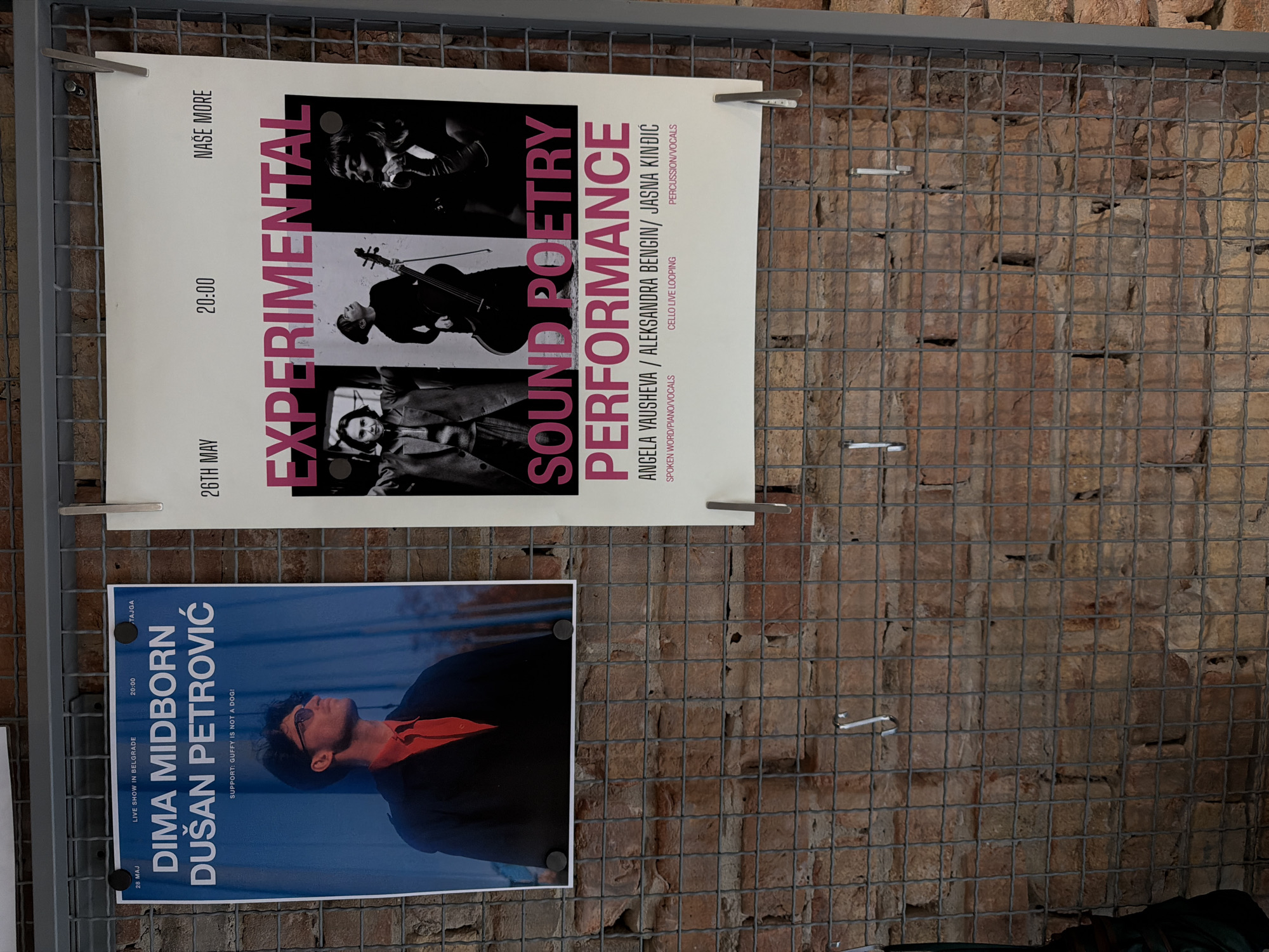 The image shows two posters attached to a wire mesh structure in front of a brick wall. The top poster is for an "EXPERIMENTAL SOUND POETRY PERFORMANCE" at NAŠE MORE on May 26th at 20:00, featuring Angela Vausheva, Aleksandra Bengin, and Jasna Kinđić. The bottom poster is for a live show in Belgrade featuring DIMA MIDBORN and Dušan Petrović at TAJGA on May 28th at 20:00, with support by "GUFFY IS NOT A DOG!". The setting appears to be outdoors based on the brick wall. Belgrade, Serbia is mentioned in the text of the lower poster.