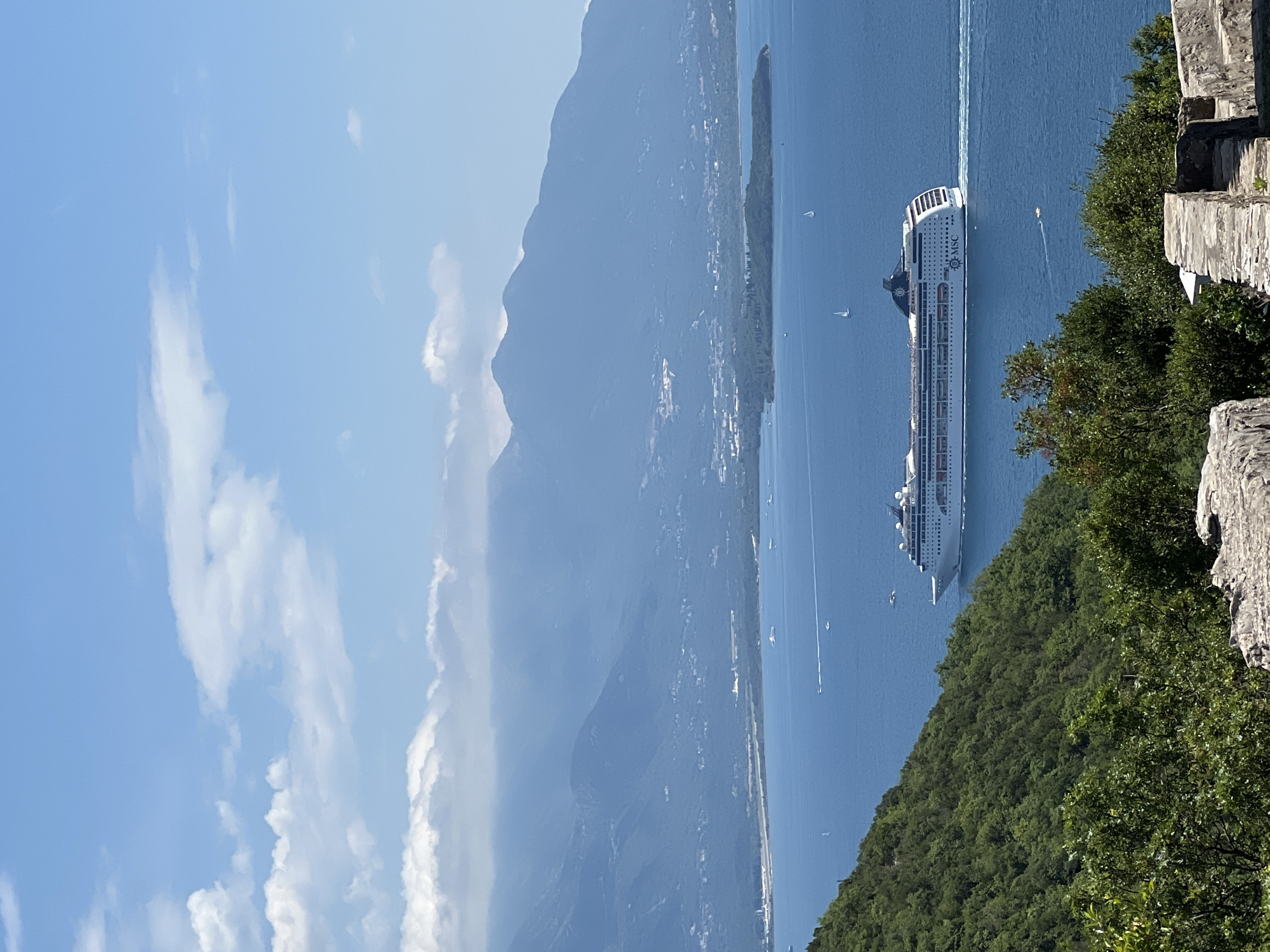The image depicts a large MSC cruise ship traversing a body of water, likely a lake or a sea inlet, flanked by mountains and vegetation. The sky is blue with scattered clouds. The viewpoint is elevated, showing part of a stone structure and dense green foliage in the foreground. The location is presumably near Baošići, Montenegro, given the landscape features.