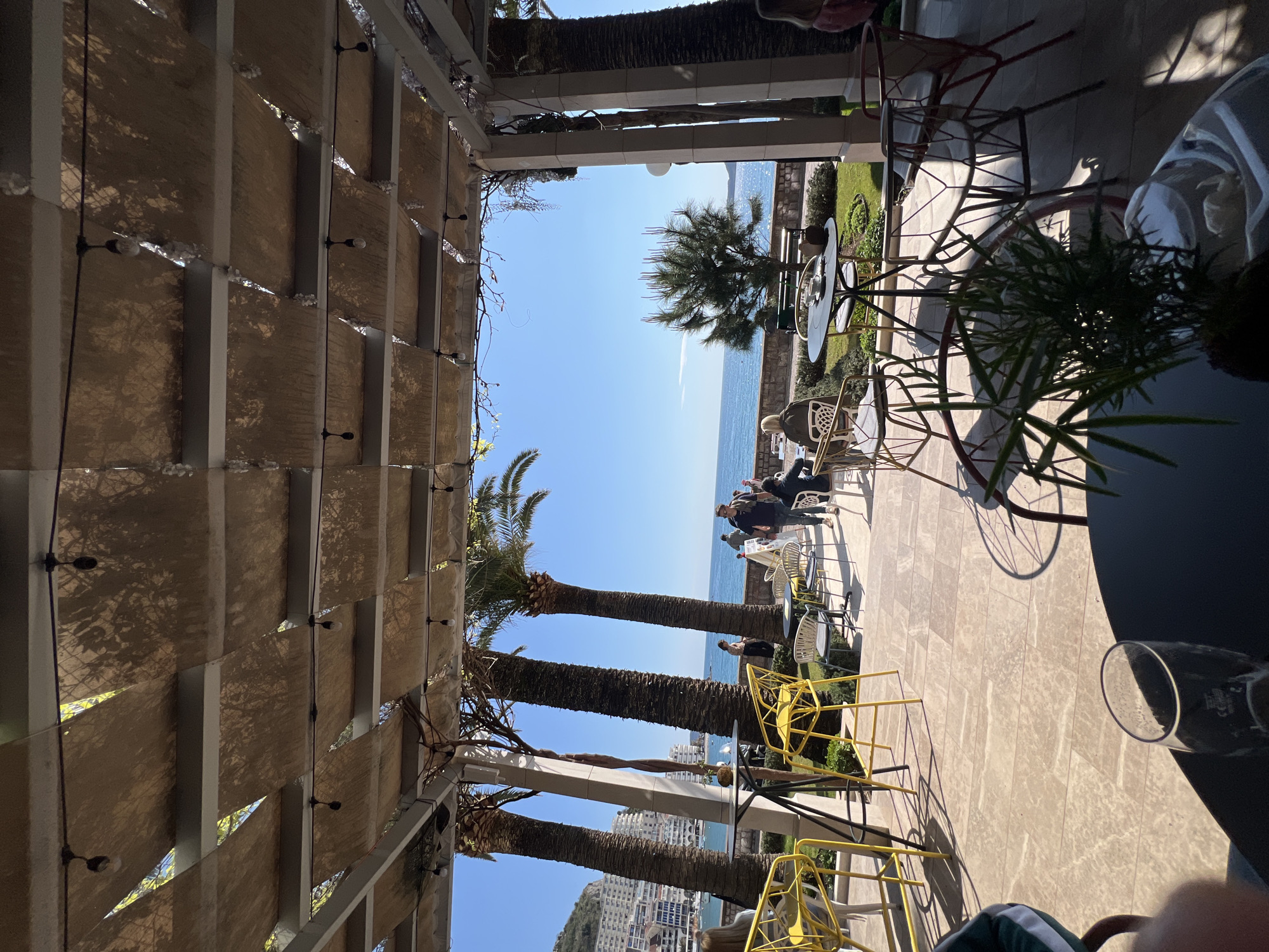 This image, taken from an outdoor restaurant or cafe, presents a view overlooking the sea in Rafailovići, Montenegro. The perspective is angled upwards and outwards, showcasing a partially shaded terrace with a structural canopy overhead. Palm trees stand prominently, framing the vista of the clear blue sky and the sea beyond.
Several people are visible, gathered in small groups at tables near the seaside. They appear to be engaged in conversation and enjoying the scenery.
The foreground features tables and chairs arranged for diners, with some empty yellow chairs visible. A partially filled glass sits on a dark table, indicating the presence of other patrons. The overall scene evokes a sense of leisure and relaxation in a coastal setting. Buildings and infrastructure are also discernible in the cityscape, which rises from the sea in the background.