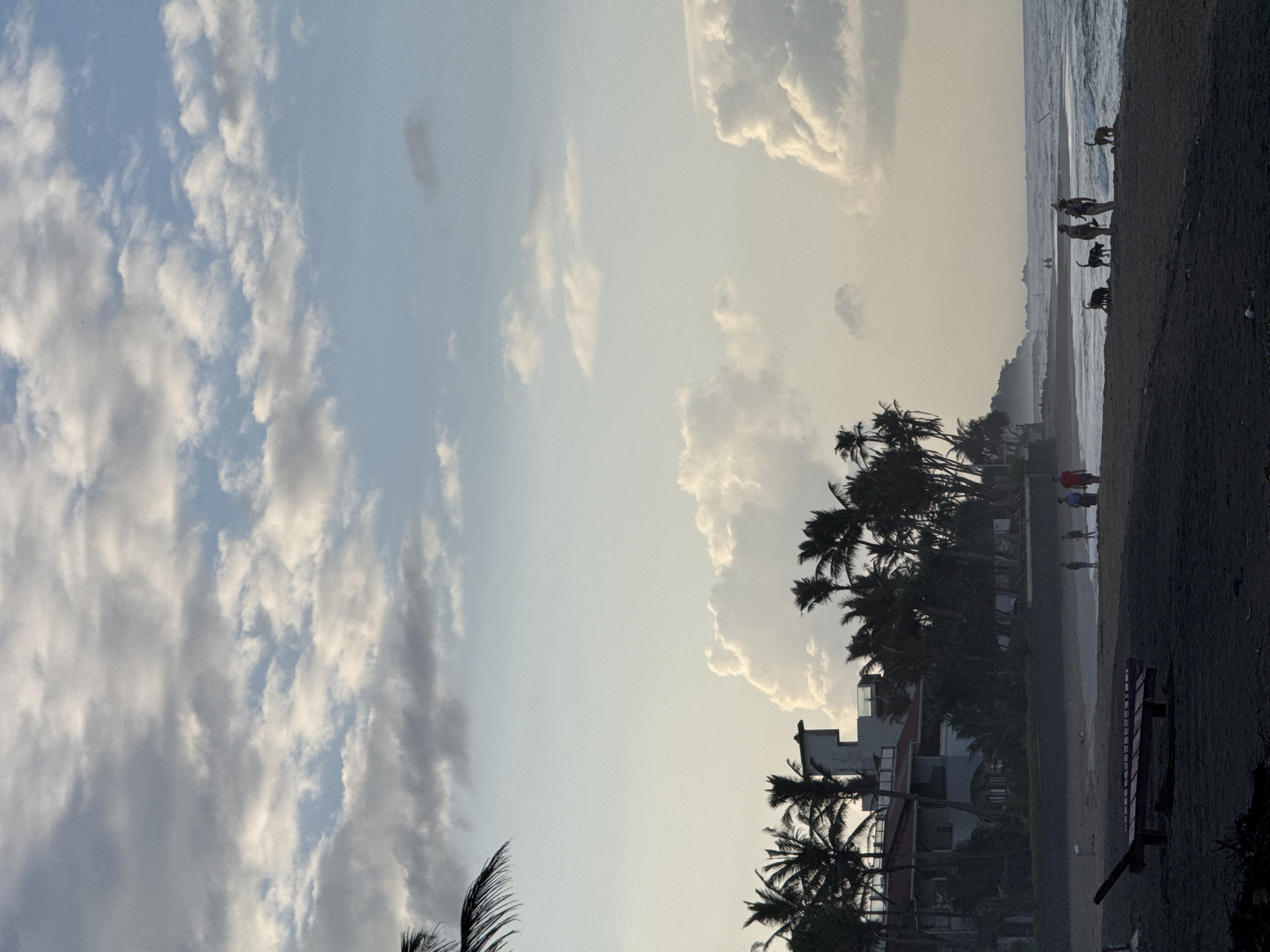 The image depicts a serene beach scene in Kathaluwa, Sri Lanka. The foreground is dominated by a dark sand beach with a red lounge chair positioned on it. In the mid-ground, several individuals are present: a man in a red shirt walks along the shoreline, and a group of three people, two women and a man, are with dogs. The dogs appear to be interacting with each other and the people, some sniffing the ground and others standing near their companions. To the left, a building with a red-tiled roof and white walls is visible, surrounded by numerous palm trees. The background features the ocean with gentle waves breaking on the shore, and a hazy coastline in the distance. The sky is a mix of pale blue with scattered white and grey clouds, suggesting either early morning or late afternoon light. The overall atmosphere is peaceful and relaxed, capturing a typical day at the beach.