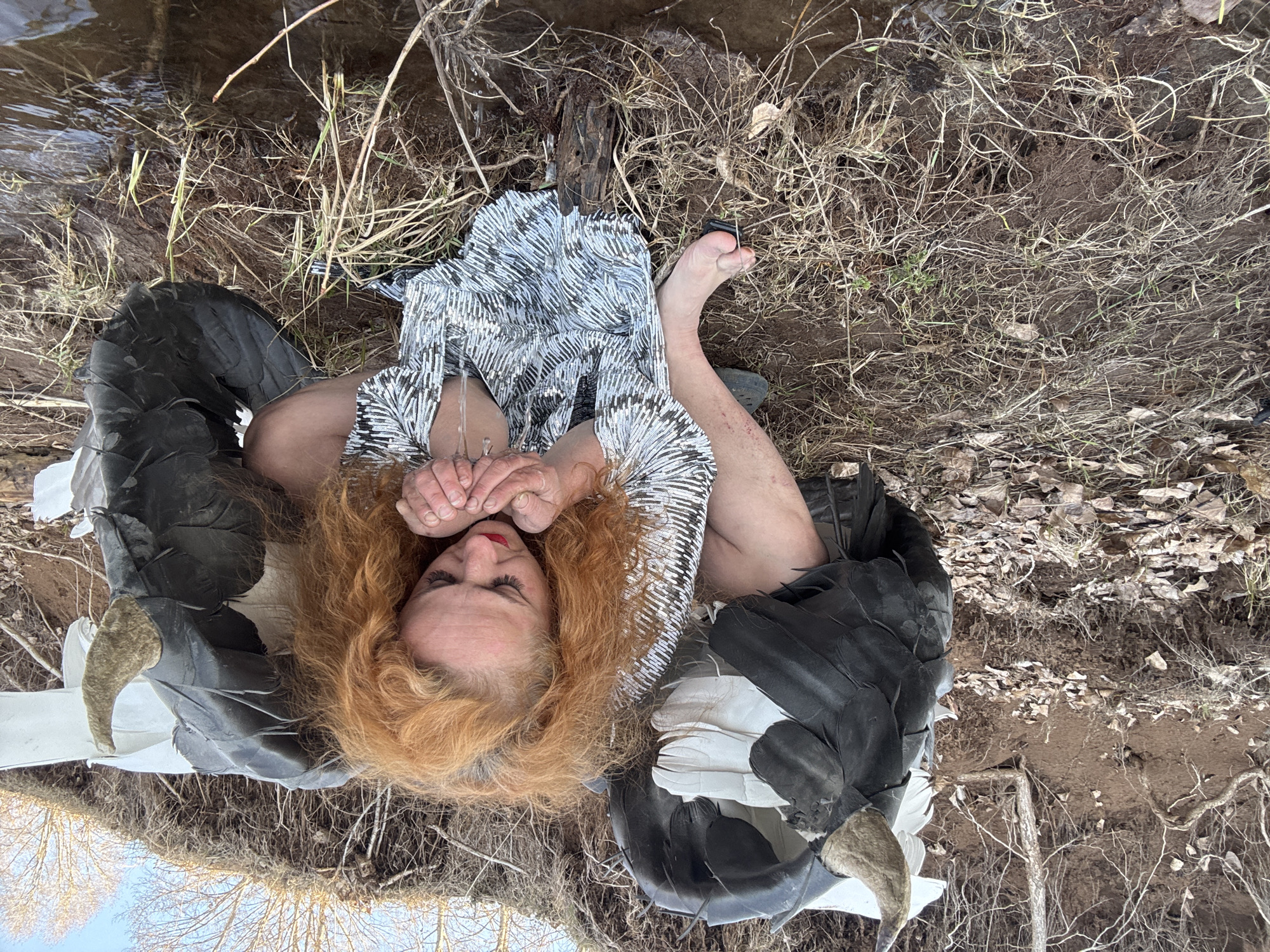 The image depicts a woman lying near a body of water, possibly a river or stream, in an outdoor setting. The location is possibly Chaikovsky, Russia.
The woman has red hair with some grey showing, and she is wearing a short, sequined dress. She is also wearing a large, black and white feathered wing-like structure on either side of her. Her hands are clasped together, and her expression is somewhat pensive.
She is surrounded by dry grass and mud near the water's edge. The water is reflecting the sky, and there are bare tree branches visible in the background. One foot is bare, with a black shoe on the other foot.