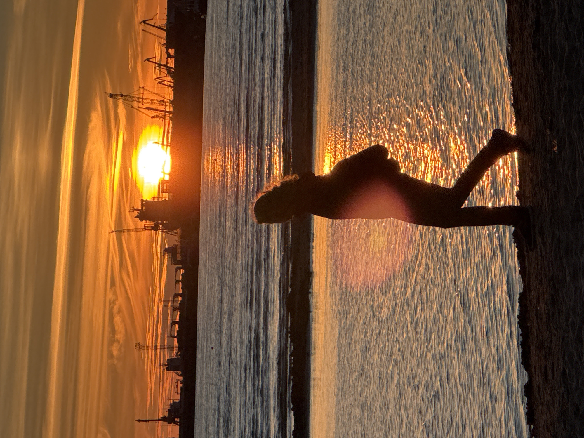 A person walks along the shore of the Baltic Sea in Tallinn, Estonia, during a vibrant sunset. The sky is ablaze with orange and yellow hues, with wispy clouds stretching across the horizon. The sun, a bright orb, is partially obscured by a silhouette of industrial cranes and ships docked at the port, creating a dramatic contrast between the natural beauty of the sunset and the urban landscape. The water reflects the warm colors of the sky, shimmering with golden light. The person, silhouetted against the setting sun, walks away from the camera towards the right side of the frame, their body angled slightly towards the water. The sand beneath their feet is dark and textured, with small waves gently lapping at the shore. The scene captures a moment of peaceful solitude amidst the bustling activity of the port.