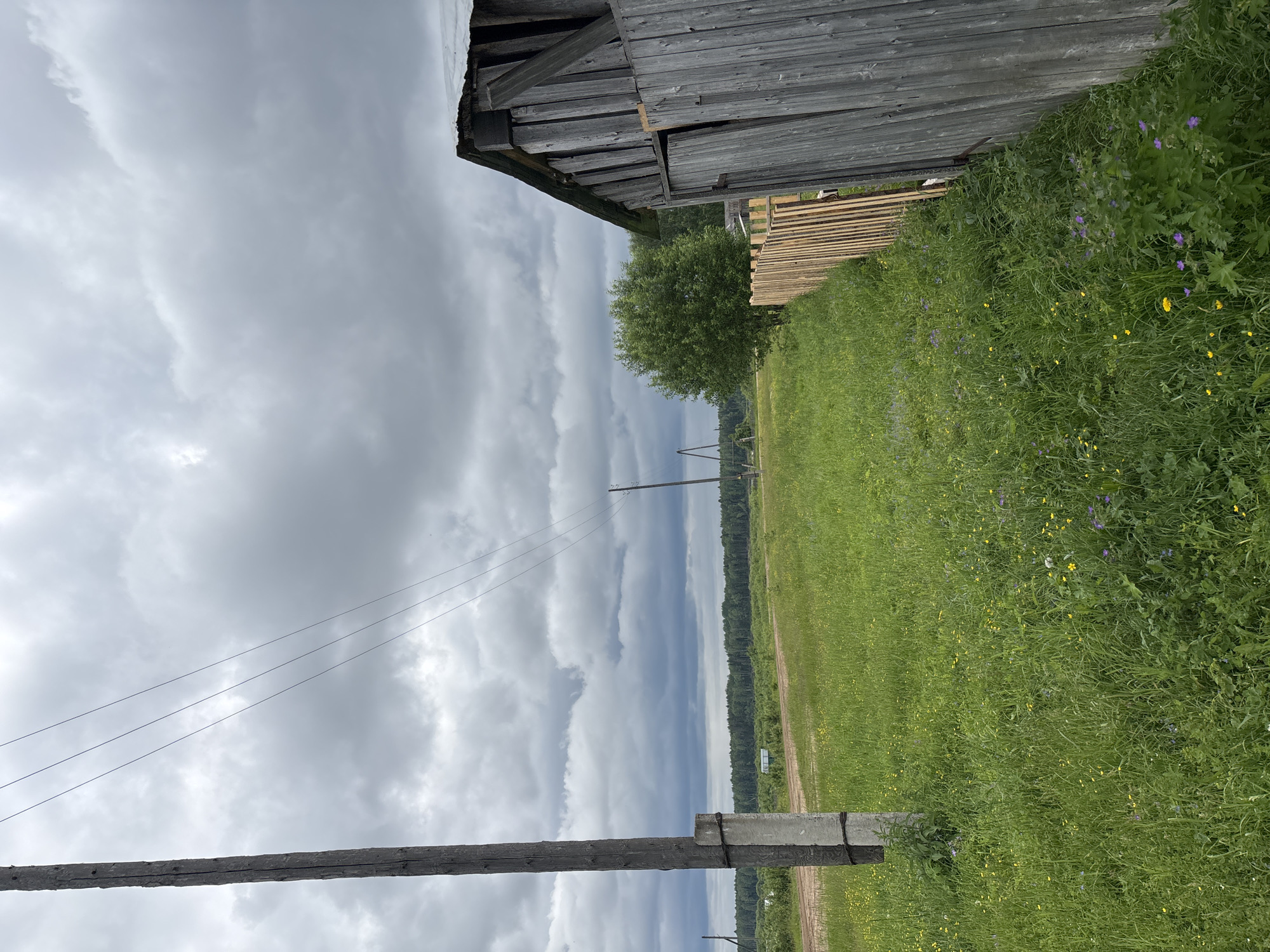 The image depicts a rural scene in the city of Kurgan, Russia, characterized by overcast skies and lush green vegetation. In the foreground to the left, a weathered wooden utility pole with attached concrete support stands prominently. Power lines stretch diagonally across the frame towards the upper right. Adjacent to the right side of the image is a section of an old, grey wooden building with a slanted roof. A light-colored wooden fence runs along the edge of the building and extends into the middle ground. The middle ground is dominated by a vibrant green meadow dotted with small yellow and purple wildflowers. In the background, a dense line of green trees forms the horizon, with faint structures visible beyond them. A dirt road curves through the meadow in the distance. The overall atmosphere is one of a tranquil, somewhat rustic countryside setting under a cloudy sky. There are no people or animals visible in the image.