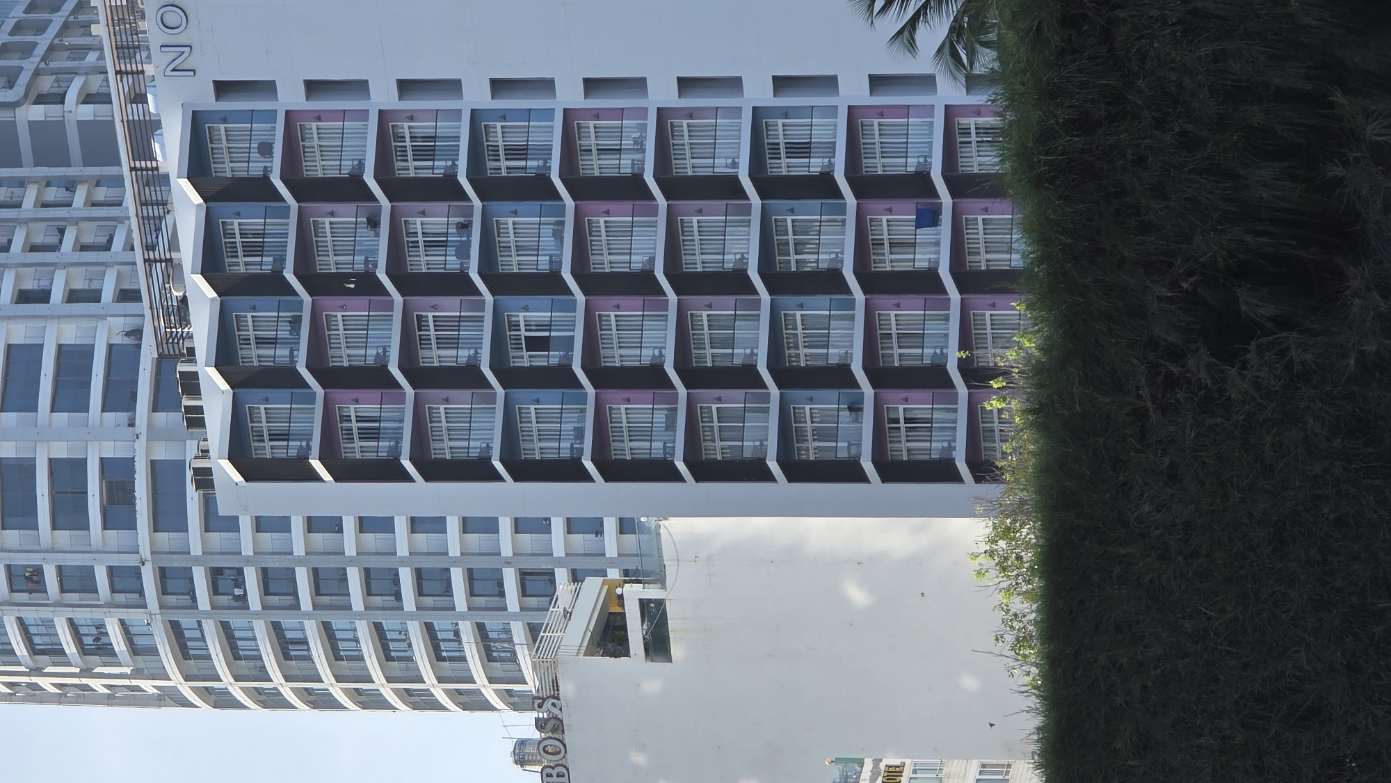 This image captures a vibrant architectural scene in what appears to be a busy urban or tourist area, consistent with Nha Trang, Vietnam. The primary subject is a multi-story hotel building characterized by a distinct pattern of balconies. These balconies are box-shaped, with dark grey or black undersides and outer walls that alternate between light blue and light purple hues, creating a visually striking facade. The windows within these balconies feature blinds or sheer curtains.
To the left of this colorful hotel, another tall, modern building with a curvilinear design and numerous windows can be seen, reflecting the sunlight. Below the colorful hotel, a lower, white building is partially visible. A dense, dark green hedge or bush runs vertically along the right side of the frame, partially obscuring the hotel, with some palm fronds peeking from the top.
The scene is brightly lit by natural daylight, suggesting it is daytime. There are no people visible, but the architectural details and hotel signs imply a bustling, commercially active environment. Visible text includes "ON" at the top of the colorful hotel, and the words "BOSS" and "HOTEL" are clearly legible on the lower white building, likely identifying it as "BOSS HOTEL". The combination of modern architecture, vibrant colors, and natural elements like palm trees creates a characteristic impression of a coastal resort destination.