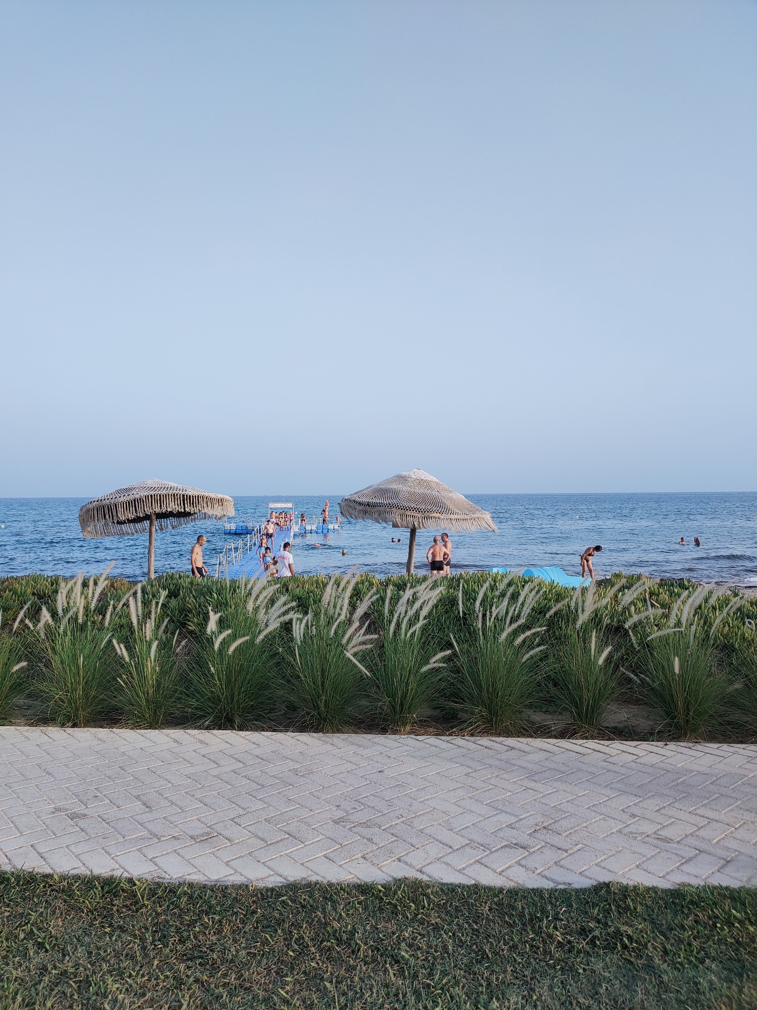 A beach scene is depicted with a paved walkway in the foreground, bordered by a line of tall green grasses with feathery plumes. Beyond the grasses, the blue sea stretches to the horizon under a clear, pale blue sky. Two thatched umbrellas stand on the beach, providing shade. In the water, several people are visible, some swimming, others standing near a blue floating structure or a pier. On the pier, a group of people are gathered. A man in swim trunks stands under one of the umbrellas, facing away from the camera.