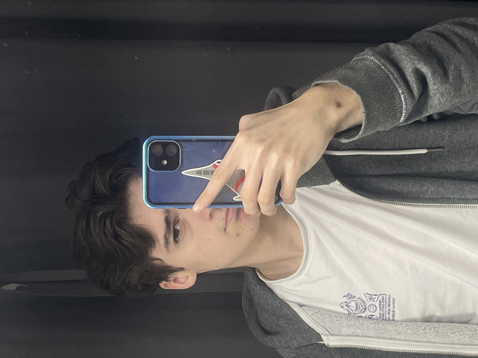 This media file captures a mirror selfie of a young person, with the image rotated 90 degrees clockwise. The subject, a person with dark, wavy hair, is looking towards the camera with a neutral expression. They are holding a smartphone in their right hand, partially obscuring the lower half of their face. The phone, which appears to be an iPhone model with dual cameras, is encased in a blue protective cover featuring a graphic of a white and red airplane, possibly a supersonic jet.

The person is dressed in a dark gray zip-up hoodie worn over a white t-shirt. The white t-shirt displays a circular graphic design on the chest. Visible text within this graphic includes "LIVELY", "WILD CHILD", "WORLD", and "HAPPINESS". The background is a dark, reflective surface, indicating an indoor setting where the selfie is being taken in a mirror. The lighting is diffused and even, consistent with an indoor environment. The activity depicted is a casual self-portrait. The location context for this image is Libourne, France.