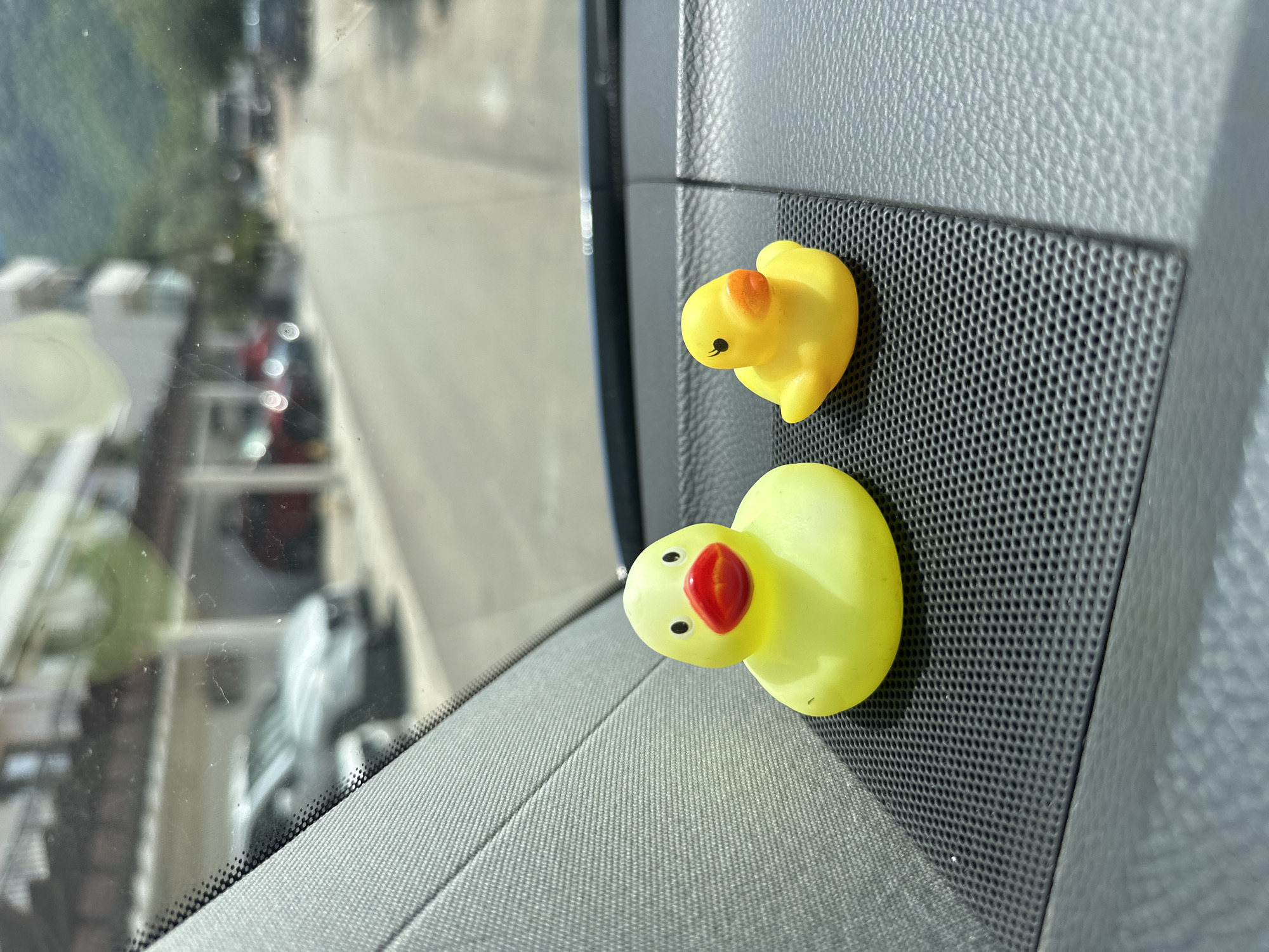 The image displays a close-up interior view of a car, looking outwards through the windshield. Two bright yellow rubber ducks are positioned on a grey, textured surface, likely a car dashboard or trim, adjacent to a black perforated speaker grille. The larger duck, featuring a red beak and black eyes, is closer to the viewer. Behind and slightly to its right is a smaller yellow duck with an orange beak and black eyes. Both ducks are oriented to face upwards towards the car's windshield.
To the left of the ducks, a light grey fabric material, resembling car upholstery or another part of the interior, is visible. The windshield, which occupies the upper portion of the frame (assuming correct orientation), shows some smudges and reflections. Beyond the windshield, a blurred outdoor environment is depicted under bright daylight, indicating sunny weather. This background includes green foliage, indistinct buildings, and the faint outlines of other vehicles, suggesting a street or urban setting. The scene is consistent with a view from a car in Trap, Montenegro. No people or visible text are present. The strong lighting suggests it is daytime.