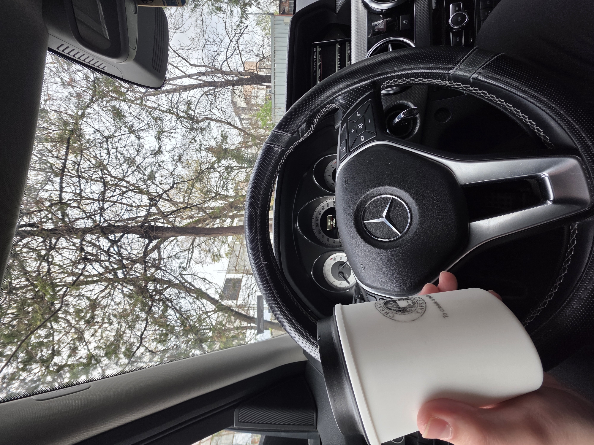 A photograph taken from inside a Mercedes-Benz car, likely while stationary. The view is through the windshield, showing bare winter trees and the corner of a building, obscuring specific location in Plovdiv, Bulgaria. The car's steering wheel, dashboard instruments, and part of the interior are visible. A hand holds a white coffee cup with a black lid and a logo, partially obscuring the steering wheel. The image conveys a sense of waiting in the car, perhaps before or after a coffee stop.