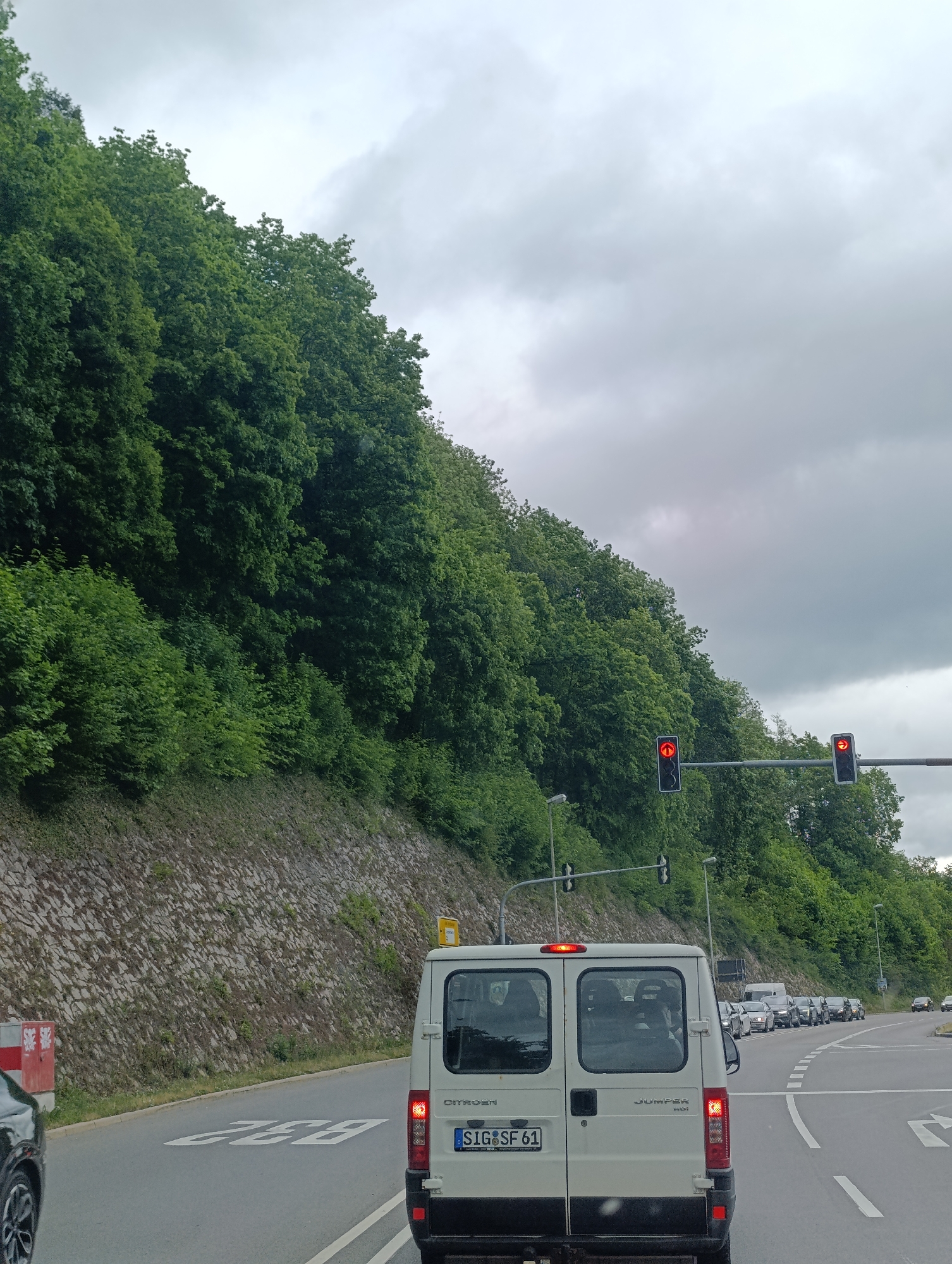 The image depicts a view from inside a vehicle, looking forward. A white van with the license plate "SIG SF 61" is prominently in the foreground, obscuring a significant portion of the road ahead. The van has its brake lights illuminated. To the left of the van, the rear of a dark-colored vehicle is visible. The road surface ahead shows markings.
In the background, a line of cars is stopped, suggesting a traffic jam or a traffic signal. Two traffic lights are visible, both displaying red signals. The left traffic light shows a red arrow pointing upwards, while the right traffic light shows a red arrow pointing to the right.
The environment is characterized by a steep, tree-covered hillside on the left side of the road. The trees are lush and green, indicating a temperate climate. The sky is overcast with gray clouds. The presence of the "SIG" on the license plate strongly suggests the location is Sigmaringen, Germany. The overall scene suggests a moment of halted traffic in a semi-urban or suburban area, possibly on the outskirts of Sigmaringen.