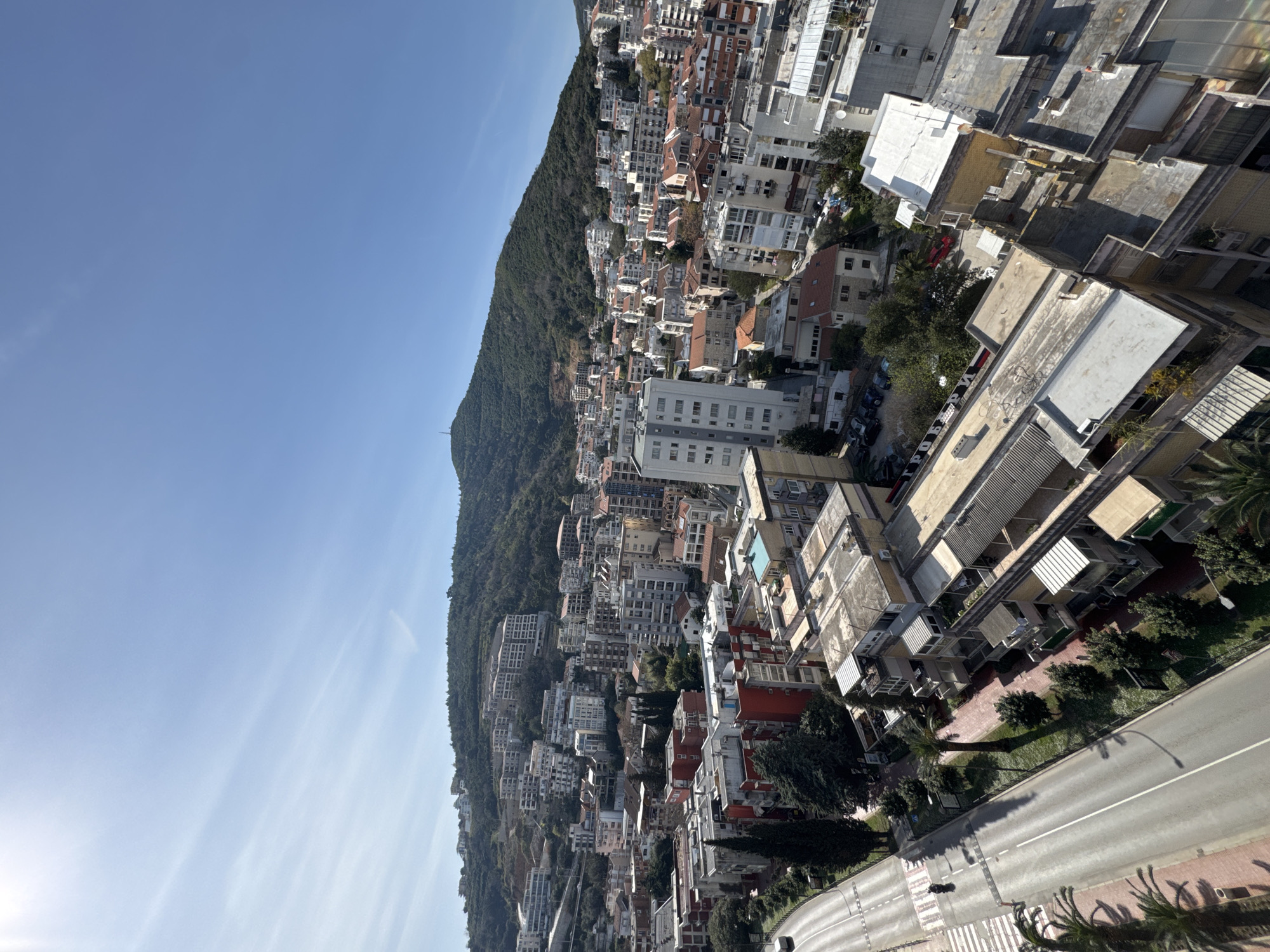 This image presents an elevated, wide-angle view of the city of Budva, Montenegro, under a clear, bright blue sky with faint wispy clouds visible in the upper left. The scene is dominated by a large, green, tree-covered mountain in the background, upon whose slopes numerous residential and commercial buildings are constructed. A communication tower or similar structure is visible near the mountain's peak.
The urban landscape in the mid-ground and foreground consists of a dense arrangement of multi-story buildings, varying in height and architectural style. Building exteriors are predominantly white, grey, beige, and red, with many featuring balconies and flat or red-tiled roofs. Visible rooftops exhibit a mix of light-colored flat surfaces and darker corrugated or sloped designs.
In the lower left quadrant, a multi-lane asphalt road with white lane markings and a pedestrian zebra crossing runs diagonally. One individual is observed riding a dark motorcycle westbound on this road. A white van is partially visible further up the road. The road is bordered by a pedestrian walkway and a grassy strip planted with various trees, including palm trees. Further back, parked vehicles are discernible in several lots and on smaller streets. Shadows are distinct, suggesting strong daylight conditions. No significant human interaction is depicted beyond the single motorcycle rider.