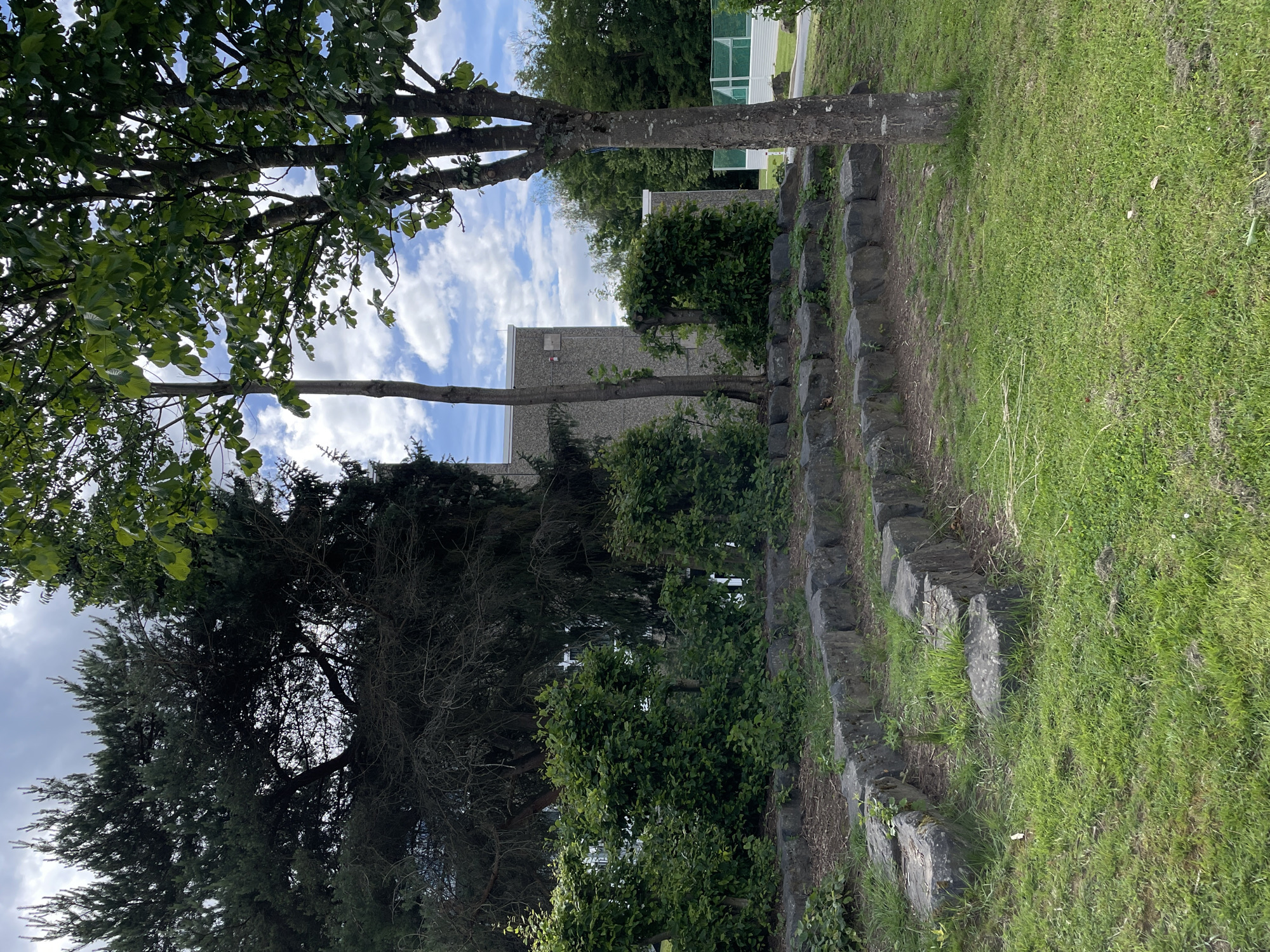 The image depicts an outdoor scene with a focus on vegetation and a modern building. The foreground is dominated by lush green grass and a stone retaining wall constructed from irregular, dark grey stones. Several trees are visible, some with dark, dense foliage and others with lighter green leaves, contributing to a natural, park-like setting. The trees are arranged in a way that partially obscures the background.
In the mid-ground, a grey, multi-story building with large windows is visible. The architecture appears modern, with clean lines and a minimalist aesthetic. The building is surrounded by more trees and bushes, integrating it into the landscape. There is also a glimpse of what looks like a white structure with green accents in the far background, possibly another part of the same complex or a separate building.
The sky is partly cloudy, with fluffy white clouds scattered across a blue expanse, suggesting it's daytime, likely late morning or afternoon. The lighting indicates a bright day, casting some shadows but overall illuminating the scene clearly. No people are visible in the image. The overall impression is one of a well-maintained outdoor space adjacent to a contemporary architectural structure, perhaps a campus, office park, or public facility. There is no visible text in the image.