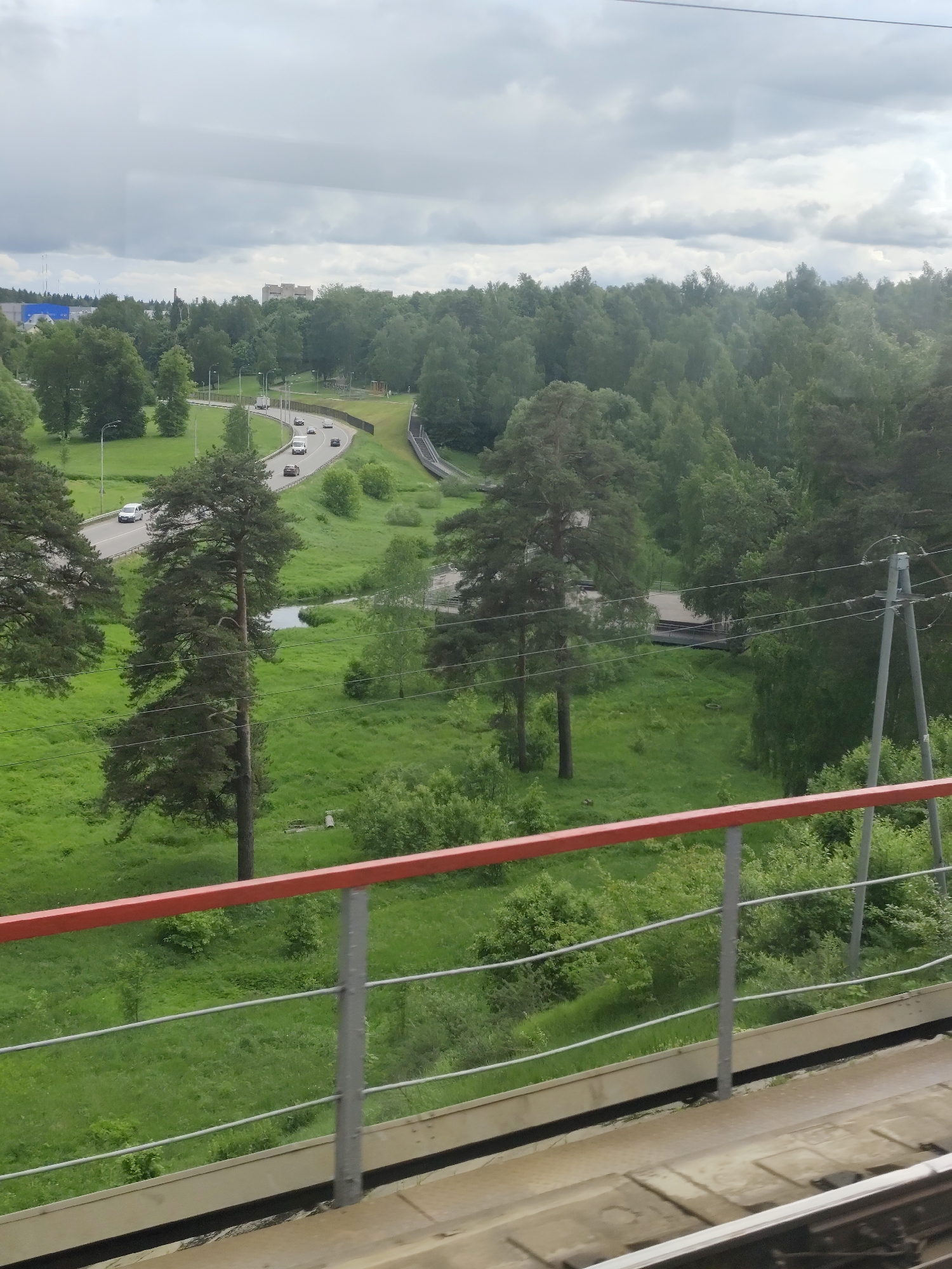 The image shows a view of a green landscape in Khotkovo, Russia, possibly from a bridge or elevated position. In the foreground is a railing with a red top bar and gray vertical supports and horizontal bars. Beyond the railing is a grassy area with scattered bushes and several tall pine trees. A road curves through the landscape, with cars visible. Further in the background, there is a dense forest. The sky is overcast and gray. In the distance, a building can be seen. A small body of water crosses under the road. Power lines are visible on the right side of the scene.