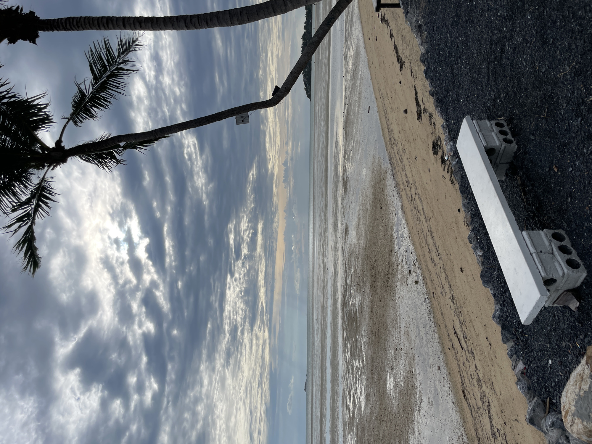 The image depicts a beach scene in Baan Sri Thanu, Thailand. In the foreground, a simple concrete bench rests on cinder blocks, positioned along a beach with dark gravelly soil. The shoreline transitions to a wet, sandy expanse reflecting the sky. Further out, the water meets the horizon under a sky filled with textured, cloudy patterns. A palm tree with visible fronds is located to the left, and its trunk extends horizontally across the top of the frame.