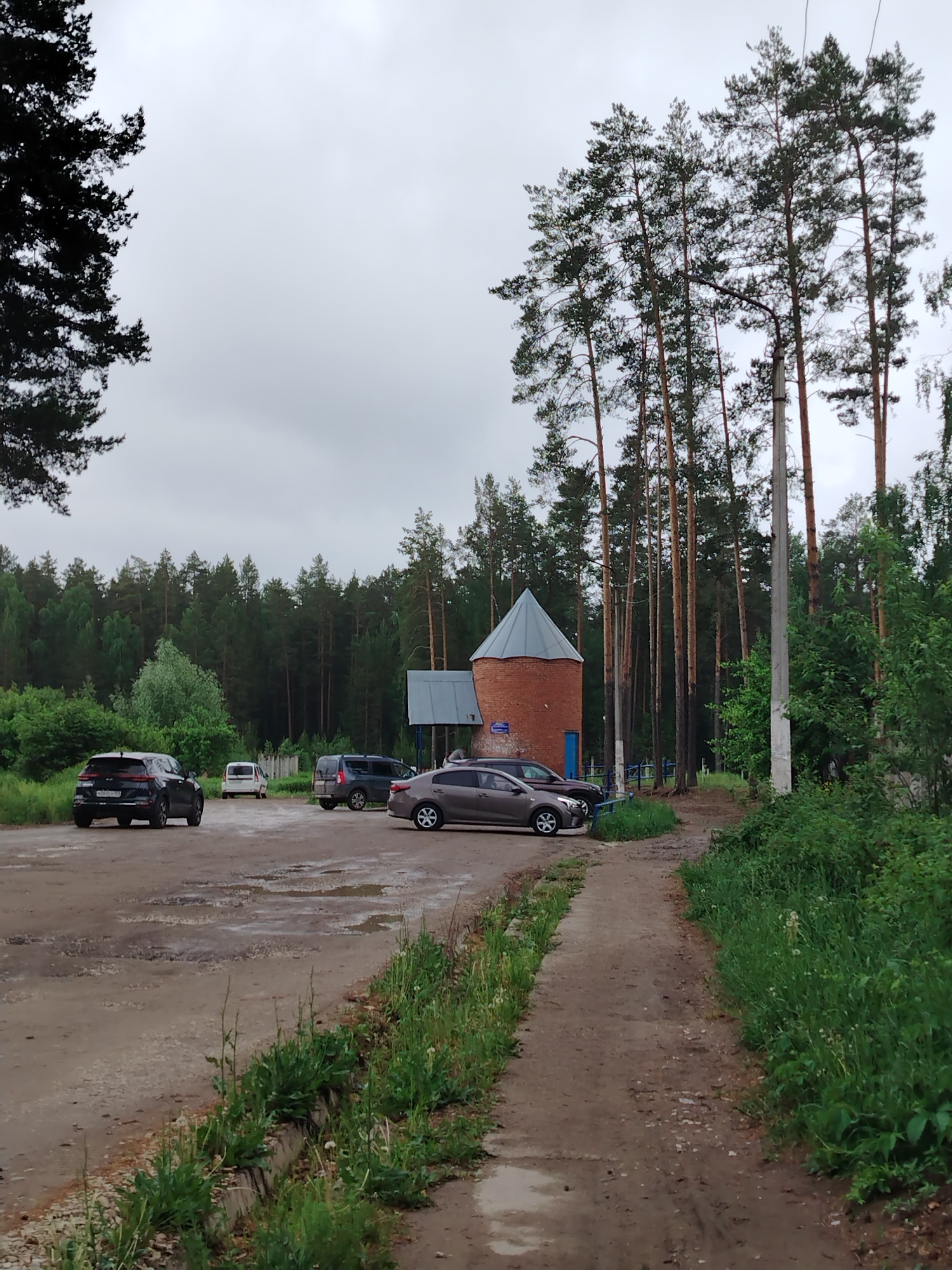 The image shows an outdoor scene in Noviy, Russia. A dirt road with patches of grass and puddles leads into a parking area where several cars are parked. Visible car models are the Kia Rio, a Hyundai Creta, a Lada Largus Cross, and an unidentified white van. There is a small, brick building with a cone-shaped roof; a blue door is visible on the side of the building facing the parking area. Tall, straight pine trees and other greenery are in the background, indicating a wooded area. The sky is overcast, suggesting a cloudy day. A concrete utility pole stands near the trees on the right side of the image.
