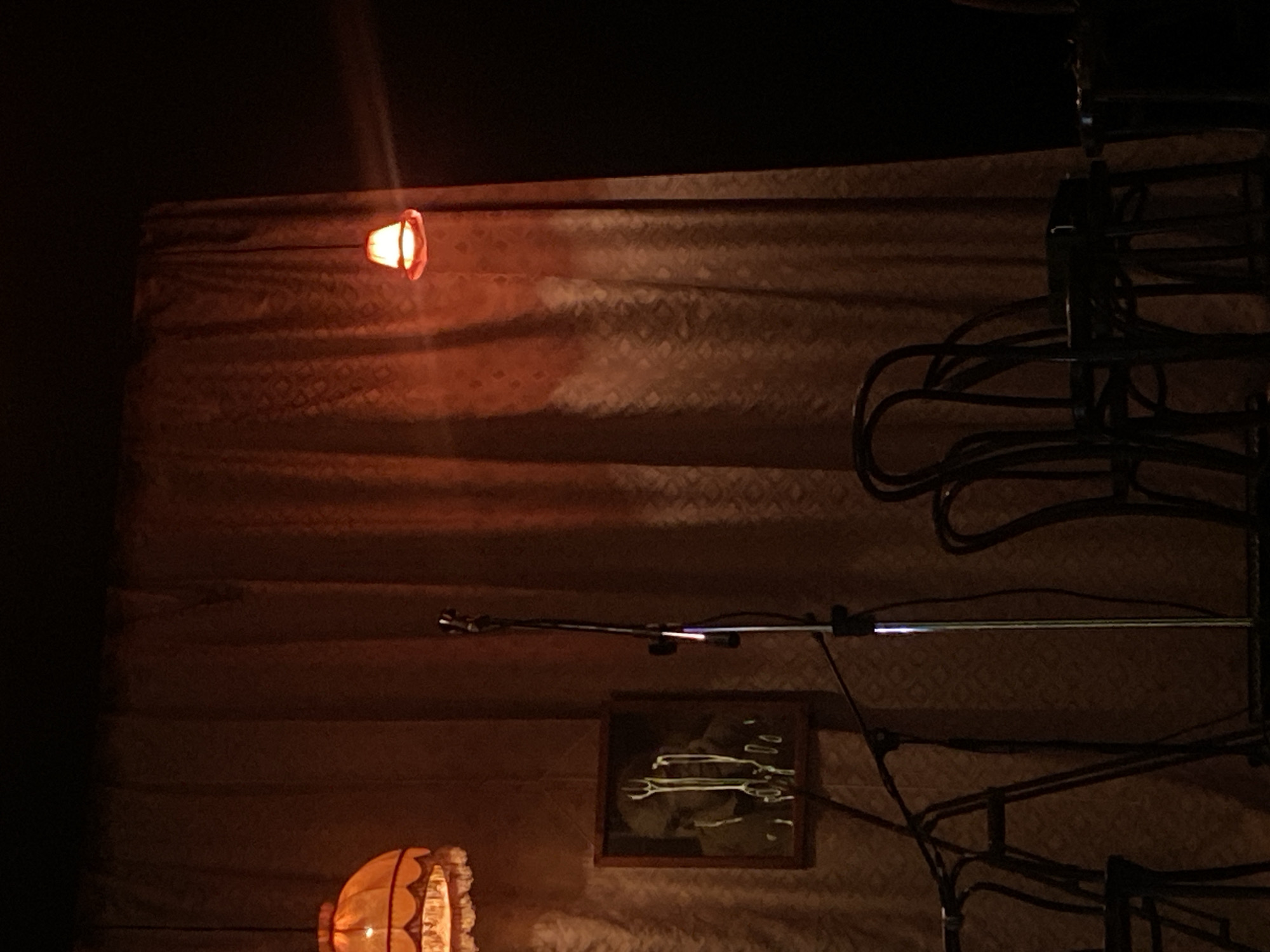 The image depicts a dimly lit interior scene, possibly in Zelenograd, Russia, featuring a curtained backdrop illuminated by two orange-tinted lights. A microphone stand and microphone are visible in the foreground, partially obscuring a framed picture on the backdrop. Metal coat racks are stacked on the right, adding to the cluttered scene. The environment appears to be a backstage or performance area.