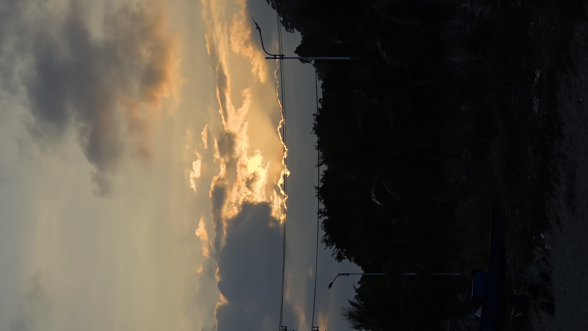 The image captures a sunset scene in Nha Trang, Vietnam. The sun is partially obscured by clouds, casting a golden glow around the edges of the clouds and a general warm hue over the sky. Silhouetted against the light are trees and foliage, suggesting a park or natural area. Electrical poles and wires cut across the frame, indicating an urban setting. The right side of the image is dominated by dark shadows, likely from dense vegetation or buildings. The overall lighting suggests that the photo was taken during the late afternoon or early evening.