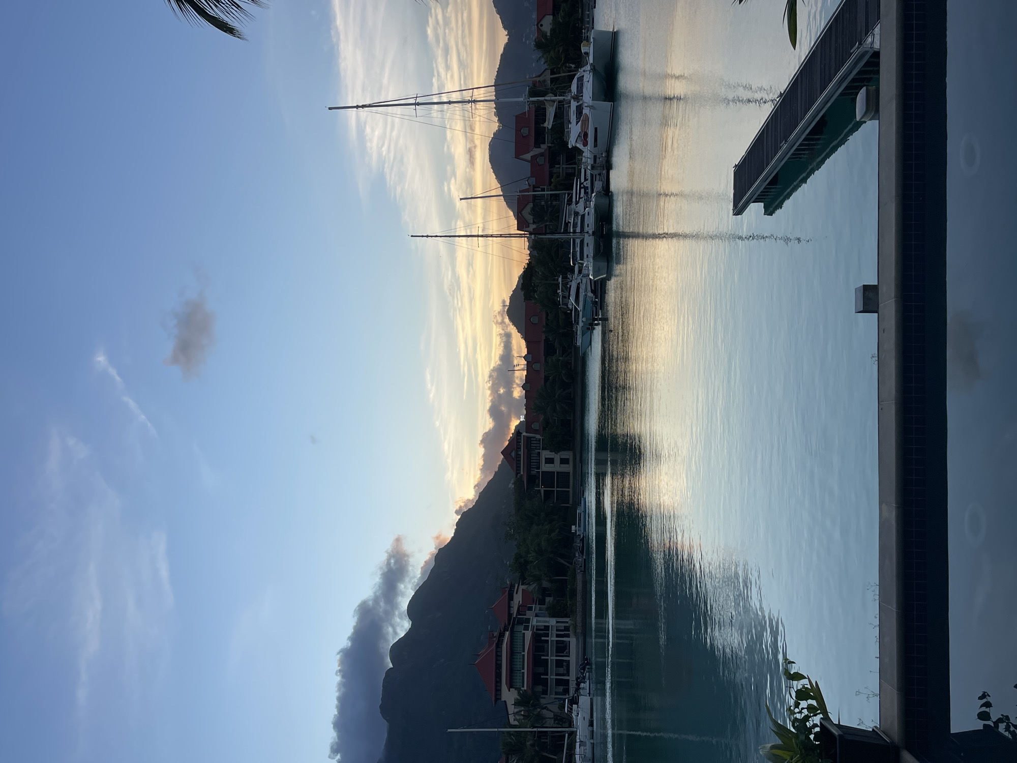 The image captures a serene waterfront scene in Victoria, Seychelles, likely during the early morning or late evening due to the soft lighting and the colors of the sky. The foreground features the edge of a swimming pool, with a planter containing greenery to the left. Beyond the pool, a calm body of turquoise water reflects the sky and the surrounding structures.
In the middle ground, several yachts and catamarans are docked in a marina, their masts tall against the horizon. Behind the marina, a row of buildings with red-tiled roofs and white facades are visible, nestled amongst palm trees. Further in the background, a range of dark, mountainous hills dominates the landscape, with hints of orange and yellow light breaking through the clouds near their peaks. The sky is a soft blue, transitioning to lighter shades near the horizon where a few wispy clouds are present. The overall atmosphere is peaceful and picturesque.