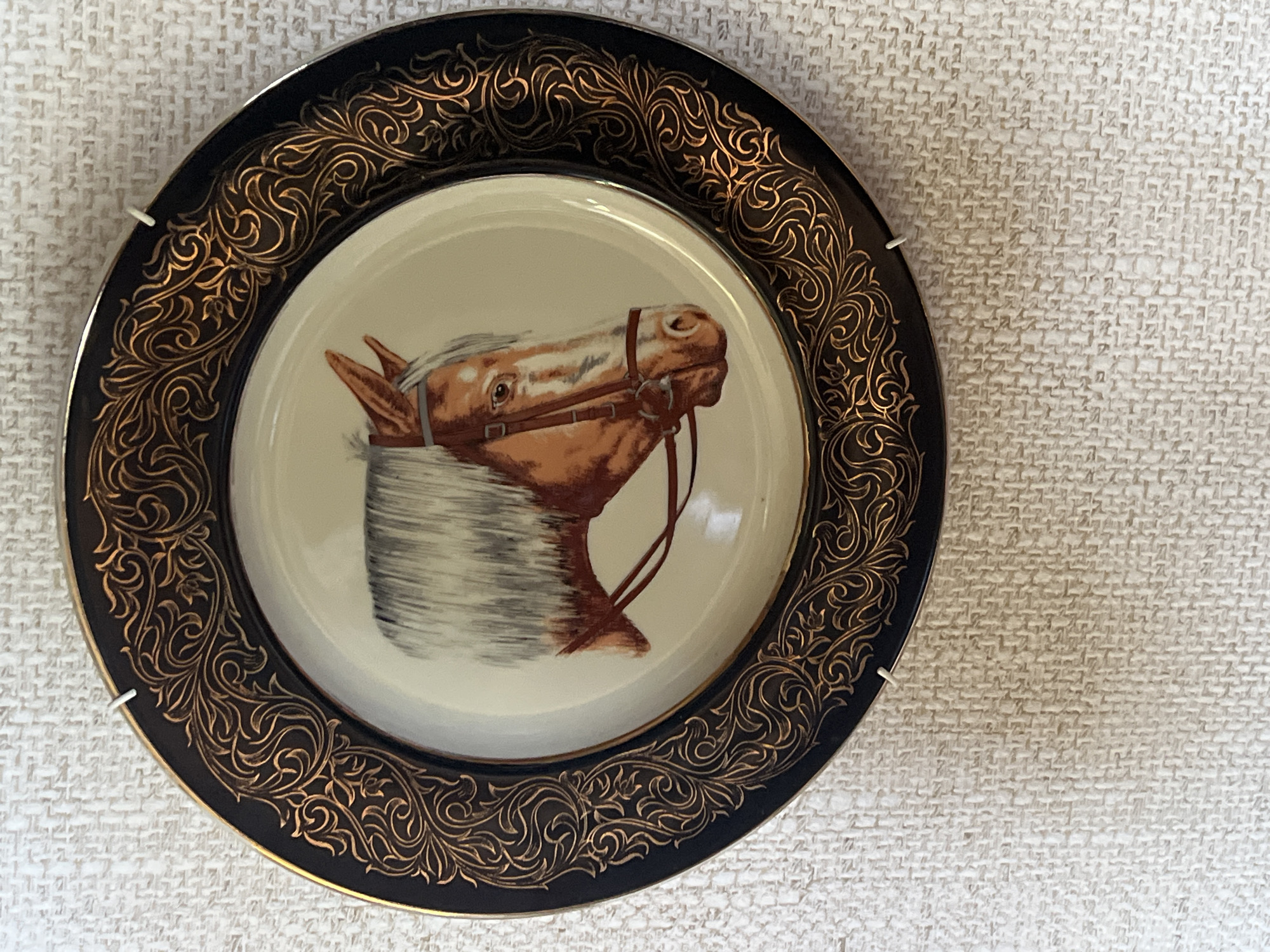 A decorative plate featuring a brown horse's head with a white mane and bridle is centrally displayed against a textured white background. The plate has a dark rim with ornate gold scrollwork. The plate is hanging on a wall. The location is Norviliškės, Lithuania.