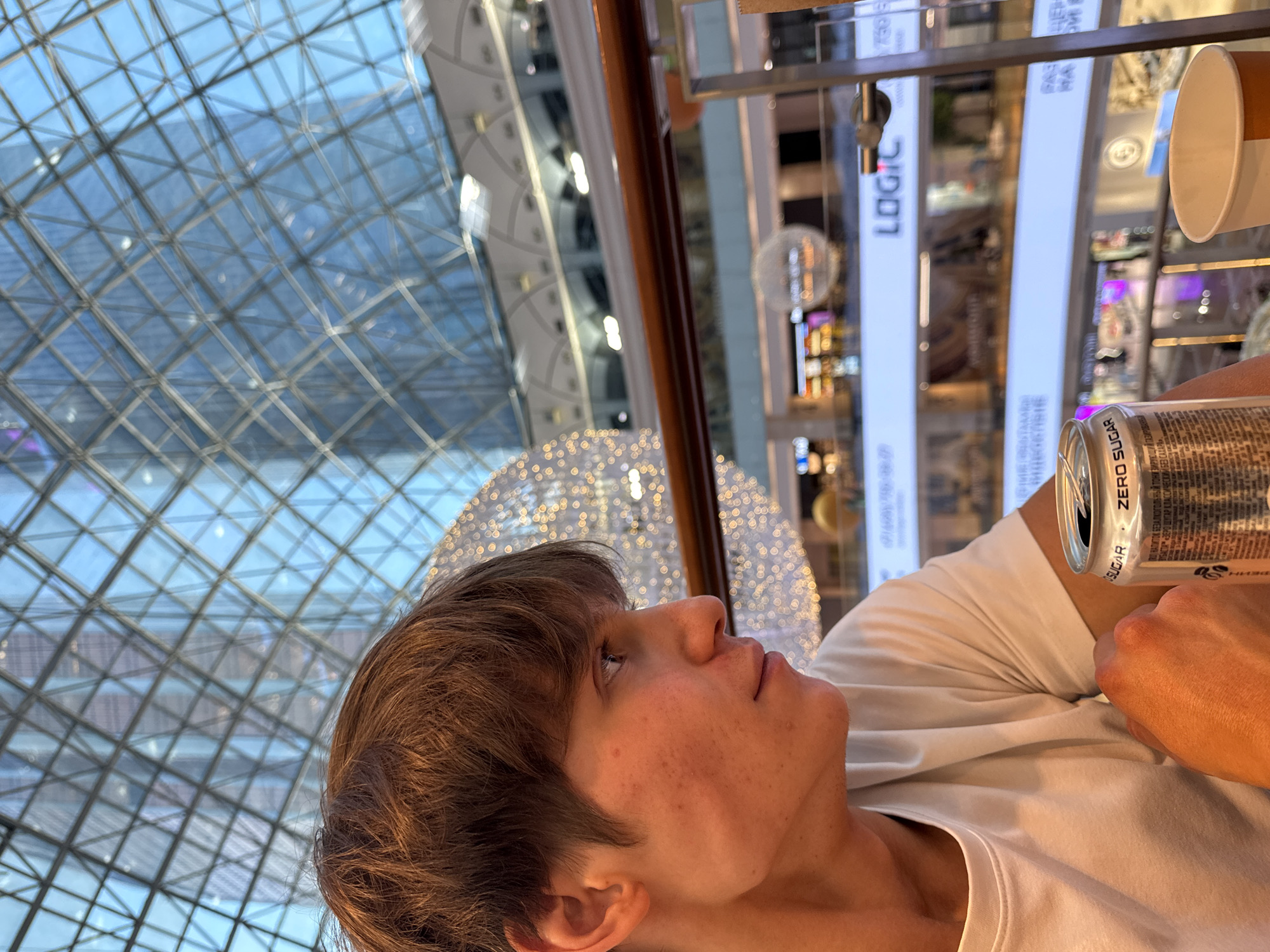 The image features a young man observed from a side profile, looking upwards and to the left, within a spacious indoor setting, likely a shopping mall in Khimki, Russia. The man has light brown hair, a fair complexion with some freckles, and is wearing a white t-shirt. He holds a silver can with his right hand, part of which is visible in the lower right.
The setting is characterized by a large, intricate glass-grid ceiling or roof, allowing natural light to illuminate the space, suggesting daytime. Below the ceiling, a prominent spherical decorative light fixture, composed of numerous small bulbs, hangs in the midground. The background reveals reflections and commercial signage, with the word "LOGIC" clearly visible on one sign. An empty orange and white paper cup is also present in the upper right quadrant.
The man appears contemplative or observant, directing his gaze towards something above him or in the distance. The can he holds displays "ZERO SUGAR" and Russian text identifying it as a "Non-alcoholic tonic carbonated drink Basta 'Zero Sugar Classic Sugar-Free'". The scene conveys a moment of quiet pause amidst the bustling environment of a modern commercial center.
