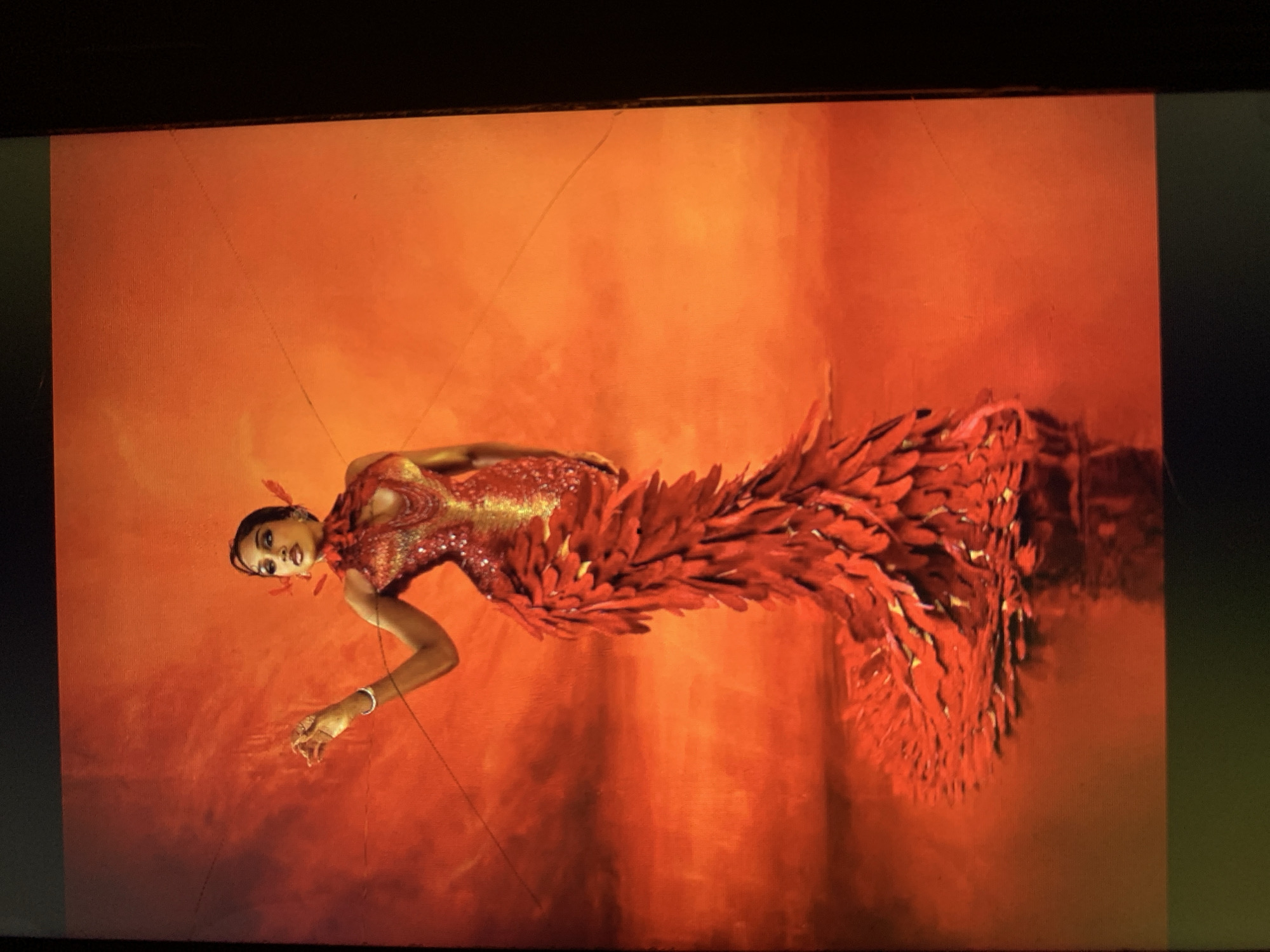 A woman in a red feathered gown is featured against an orange backdrop. The photo appears to be of a promotional image or advertisement, not a real-life scene in New Stadium, Nigeria.