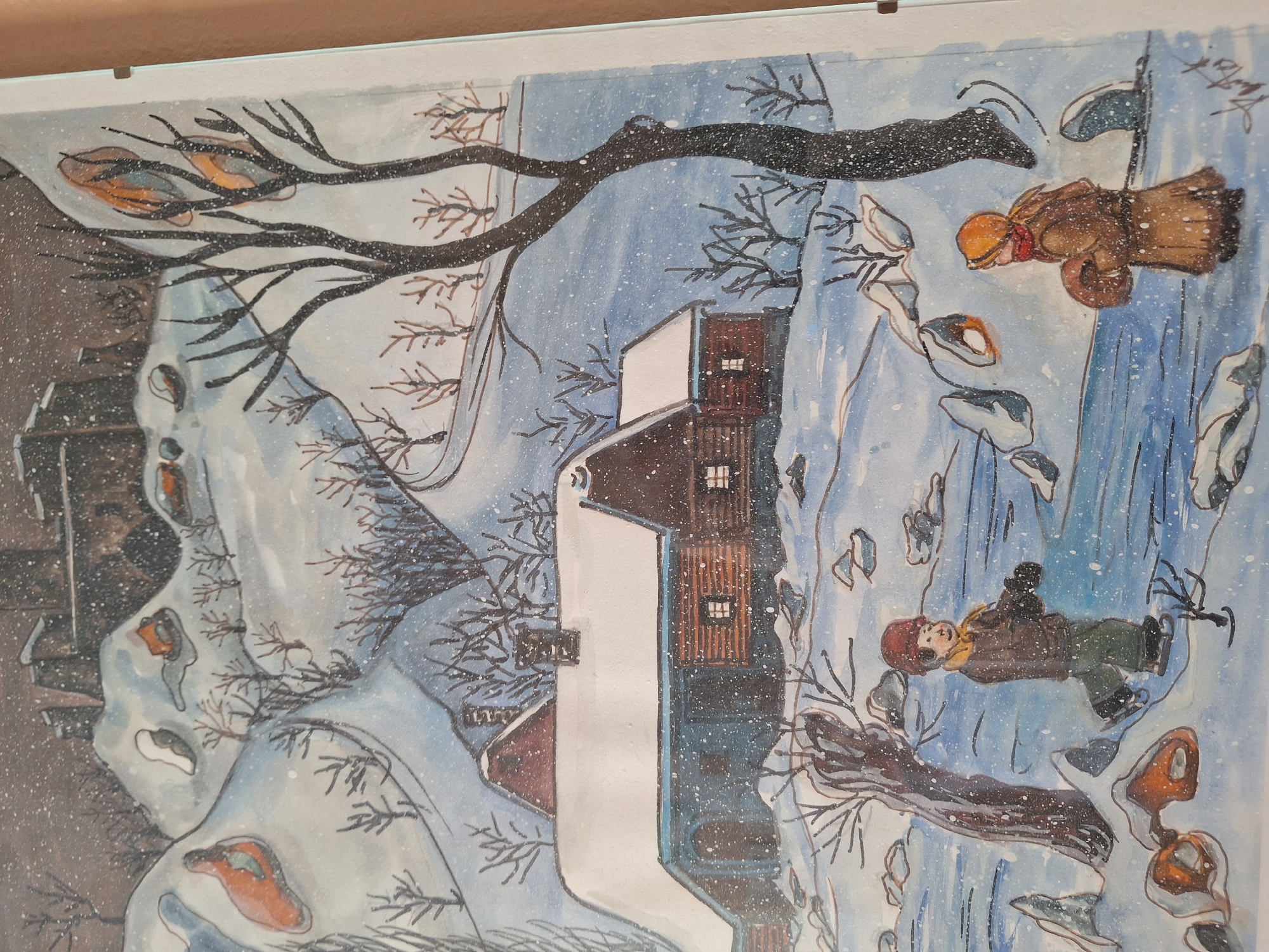 This is a watercolor painting depicting a winter scene. In the foreground, two children, a boy and a girl, are walking on a snow-covered landscape. The boy is on the left, wearing a red hat, yellow scarf, and a brown jacket with green pants. He appears to be skating. The girl is on the right, with an orange scarf and head covering, and a brown coat. She is holding a round object.
Behind the children, a log cabin with a snow-covered roof is visible, with smoke coming from the chimney. The cabin has small windows that are lit from within. The surrounding landscape is hilly and covered in snow, with bare trees and some exposed rocks. In the background, a dark, imposing structure that resembles a castle or fortress can be seen on top of a hill, partially obscured by falling snow and a dark, overcast sky.
The painting style is somewhat naive and folk-art inspired, with bold outlines and vibrant colors used to depict the snow, clothing, and buildings. The overall atmosphere is cozy and idyllic, despite the cold weather. There is no indication within the image itself that this scene is located in Prague, Czechia.