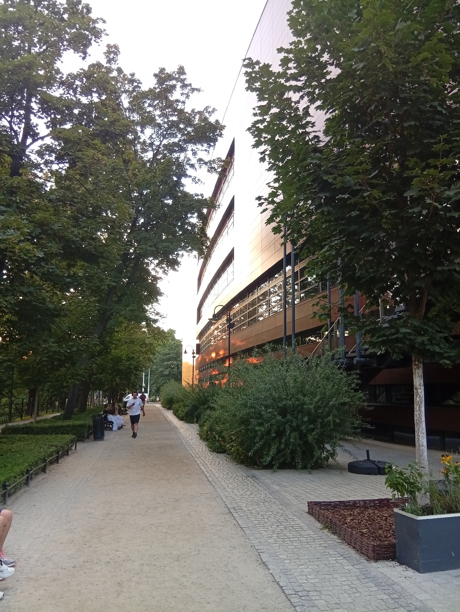 A man in a white t-shirt and black shorts runs along a paved walkway bordered by trees on the left and a modern building on the right. The building has a glass facade that reflects the sky and surrounding greenery. In the background, a few people sit on a bench, and more trees line the walkway. The walkway is made of light-colored gravel, and a section of it is paved with gray bricks. The scene appears to be a park or a pedestrian area within a city. The location is the Pergola of Centennial Hall in Wrocław, Poland.