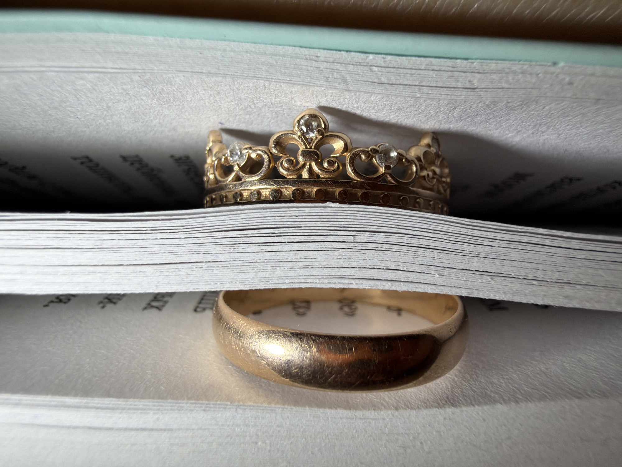 The image depicts two gold rings, a wedding band and a decorative crown ring, nestled between the pages of a book. The book's pages are white, and the text is visible in the shadows. The lighting is soft and diffused, highlighting the texture and color of the rings. The book is a light blue color. The image was taken indoors. There are no people visible in the scene. The location is the city of Chaikovsky, Russia.
