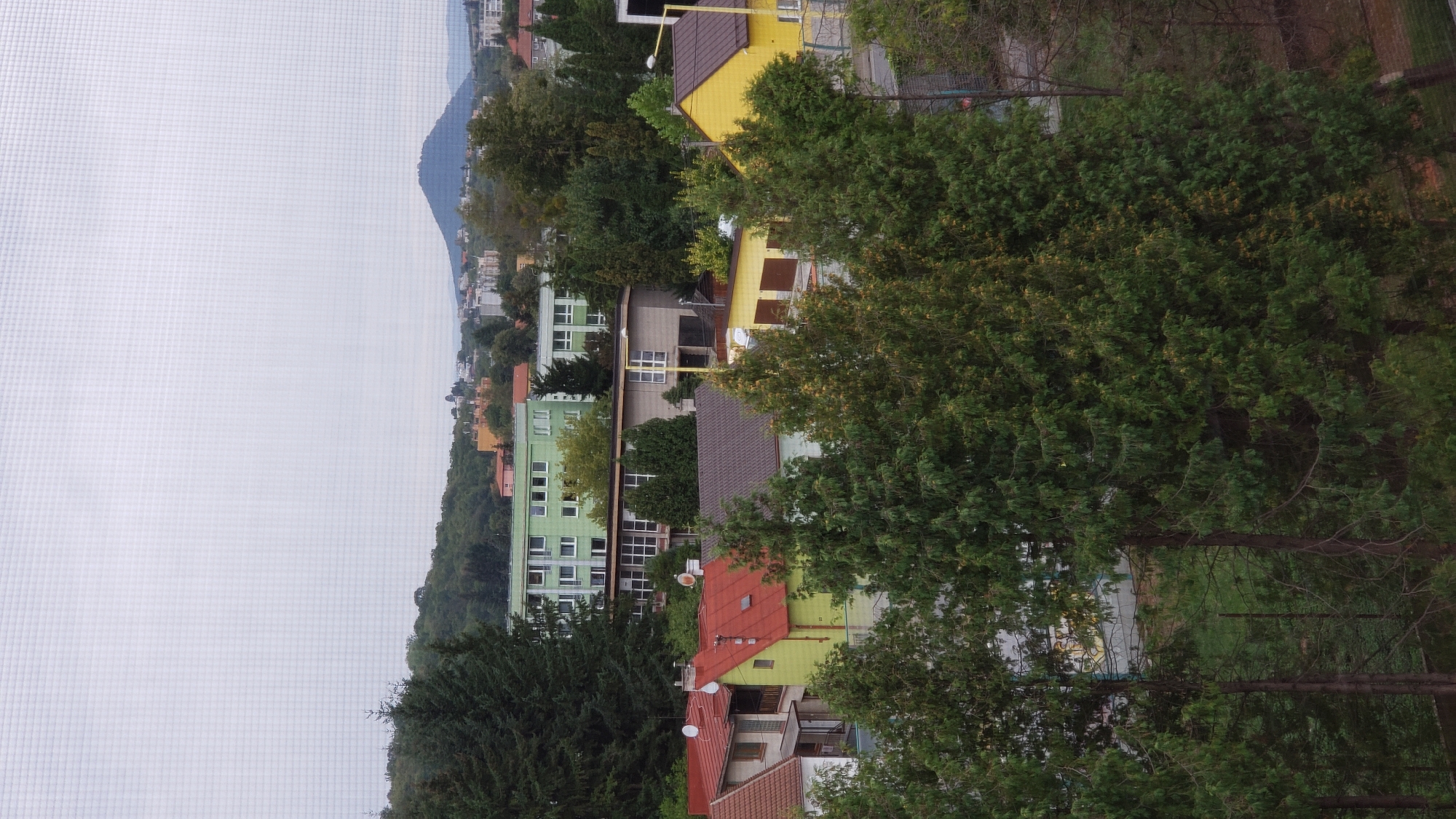 The image depicts a view of a residential area in Prešov, Slovakia, likely from an elevated position. In the foreground, dense coniferous trees dominate the scene. Behind the trees, several houses with red, yellow, and brown roofs are visible. Further in the background, larger, multi-story buildings, some painted green and white, stand amidst more trees and the distant hills of Prešov. The sky is overcast and a light grid pattern is visible across the image, suggesting it was taken through a screen or window. No people are visible in the image. The overall impression is of a suburban or semi-urban environment on a cloudy day.