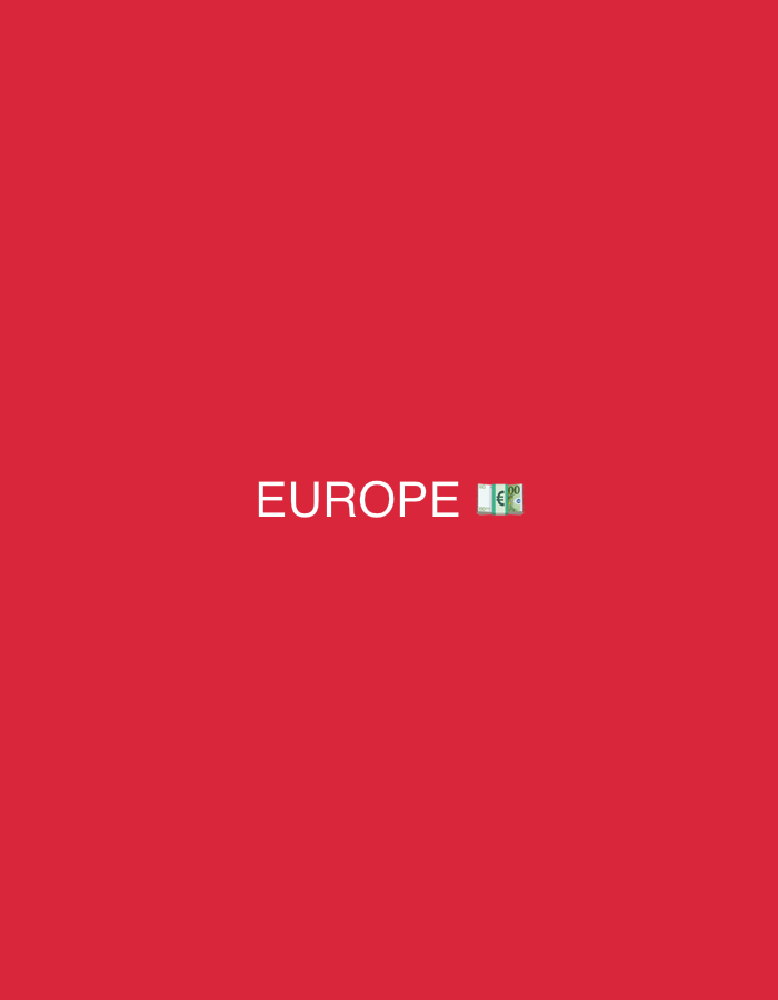 The image is a digital graphic with a red background. Centered on the graphic is the word "EUROPE" in white capital letters, followed by an emoji of a pile of euros. The emoji depicts several green banknotes, one of which has a euro symbol and the number "100" visible. There is no indication of a city, location, or any people in the image.