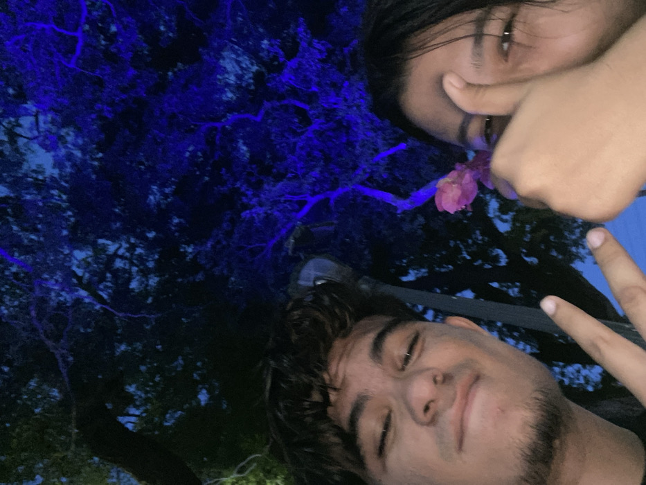 Two people pose in dim, blue-tinged lighting. A person with dark hair covers an eye with fingers, a pink flower near the mouth. The other person has short, dark, curly hair and appears to be smiling. Behind them is a shadowy tree with blue-lit branches and leaves. A street lamp is visible between them. Both subjects are tilted in the frame. The overall tone is playful and relaxed.