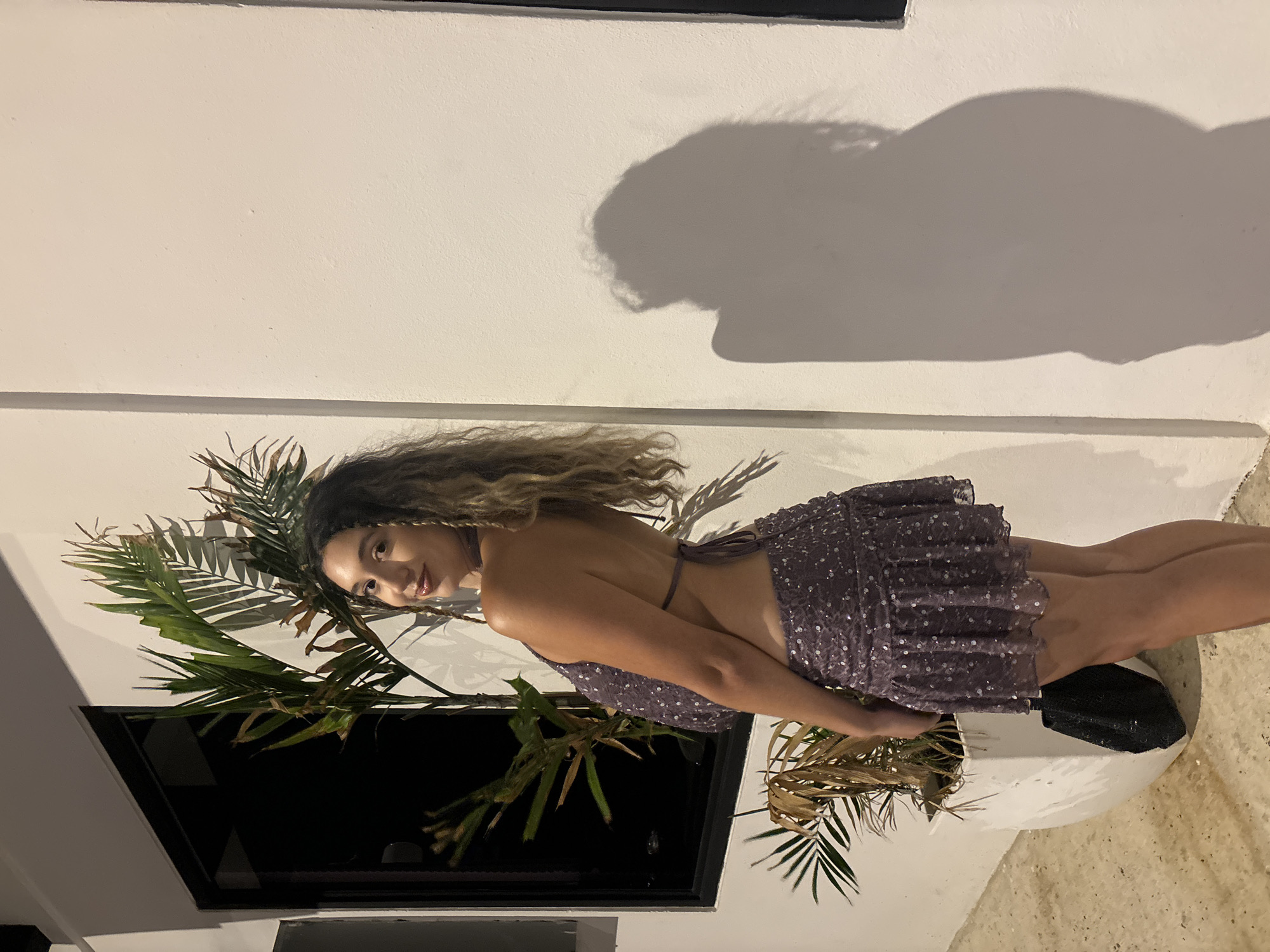 A young woman with curly, dark blonde hair and light skin stands in front of a white wall and a large planter. She is wearing a purple sequined halter top and a matching mini-skirt. Her body is angled towards the camera, and she is looking over her left shoulder with a slight smile. A large, dark shadow of her body is cast on the wall behind her. To her left is a large planter with a tropical plant that has palm-like leaves. Next to the planter, on the ground, is a small black sequined purse. The scene appears to be an outdoor area, possibly a patio or walkway, adjacent to a building with a large, dark window. The lighting suggests it is evening or nighttime. The woman's attire and the tropical plant suggest a warm climate.