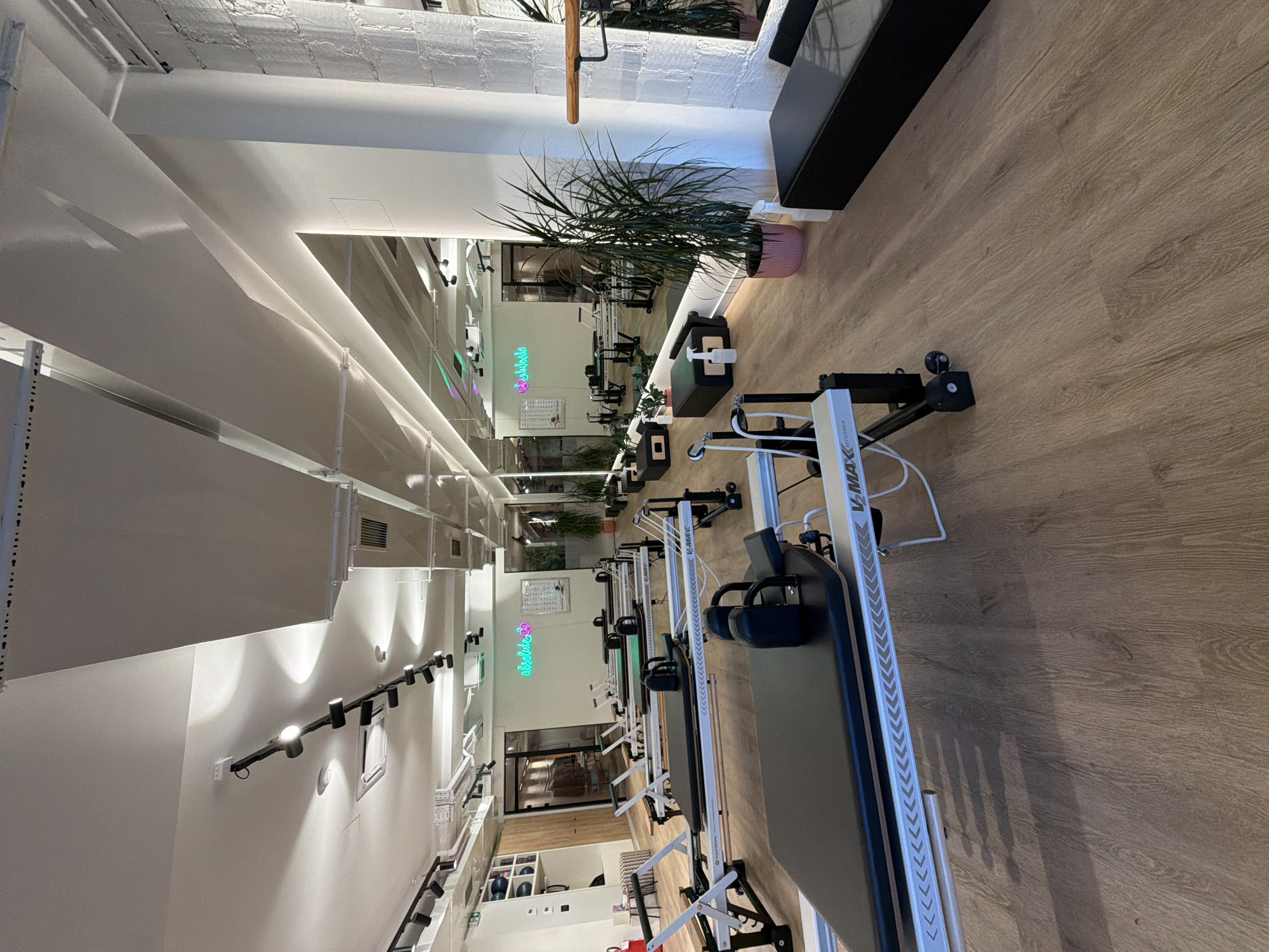 The image shows the interior of a Pilates studio. The room is spacious with light-colored wooden floors. Several Pilates reformers, identified by the "V-MAX Reformer" branding, are arranged in rows. The studio is well-lit with modern track lighting on the ceiling. In the background, a neon sign with the word "absolute" in pink and green is visible, along with a whiteboard or chart on the wall. Large mirrors cover a significant portion of one wall, reflecting the studio space. There are also several tall green plants in pink planters, and black benches. The overall impression is of a clean, organized, and professional fitness environment. The location is Boreti, Montenegro, though this specific detail cannot be visually confirmed from the image itself. There are no people visible in the image.